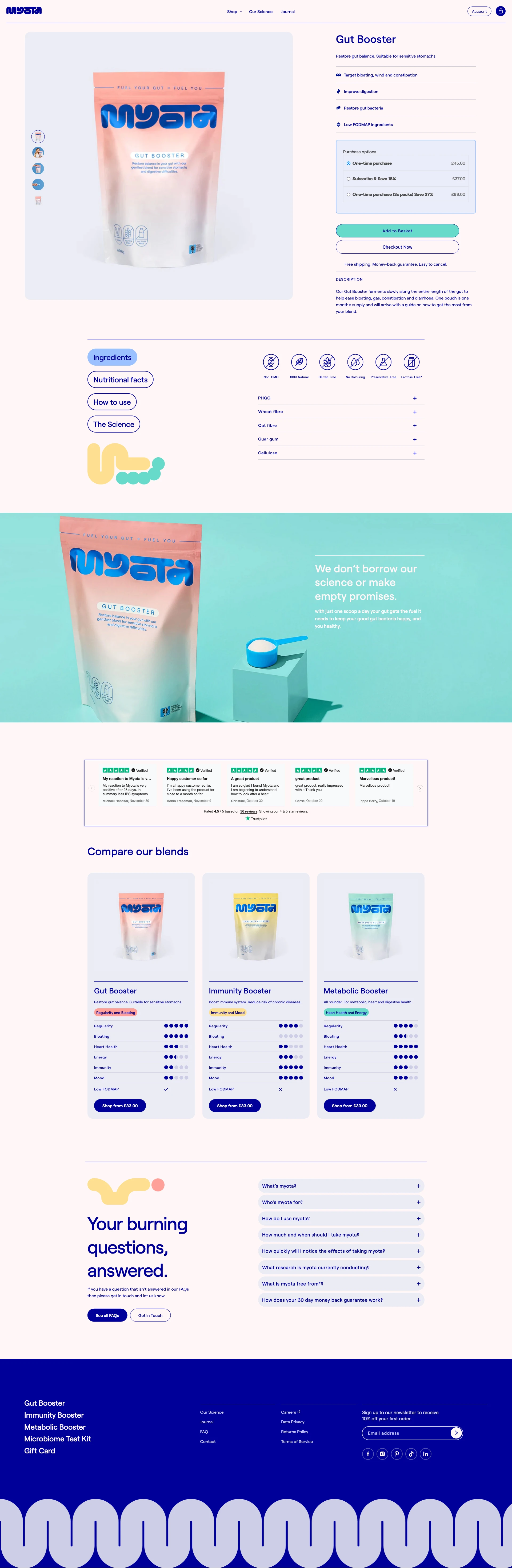 Myota Health Landing Page Example: Leading the way in gut health. Our patented technology means that we are the only UK fibre blend that takes gut microbiome variability into account.