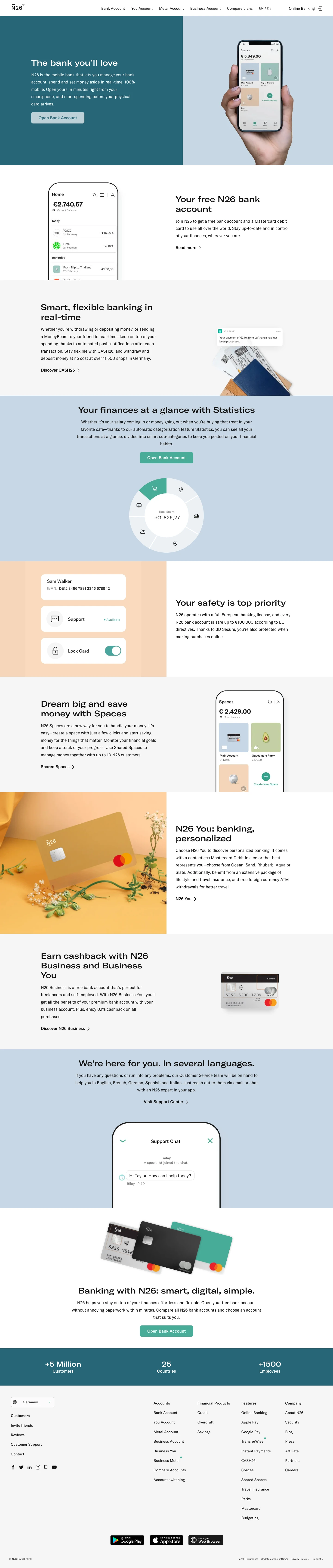 N26 Landing Page Example: N26 is The Mobile Bank, helping you manage your bank account on-the-go, track your expenses and set aside money in real-time. Open yours in minutes right from your smartphone, and start spending before your physical card arrives.