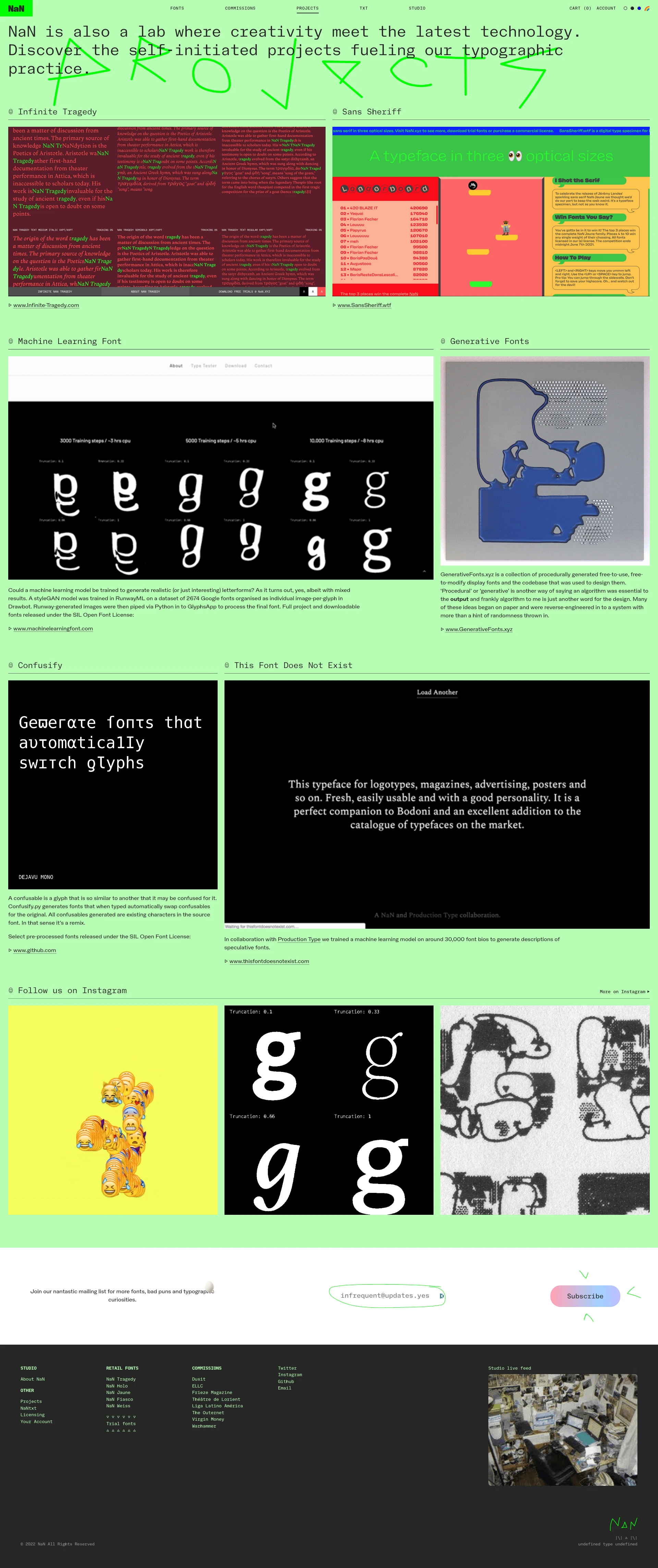 NaN Landing Page Example: NaN is an exploratory and service-driven type design practice, creating for and collaborating with the weird, the wise and the wonderful.