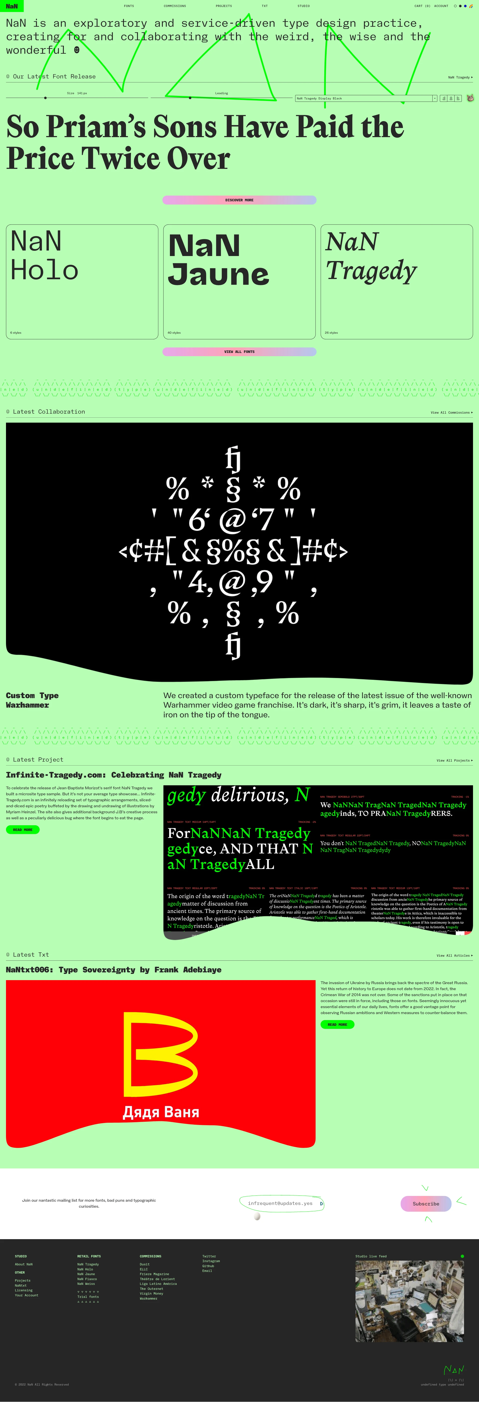 NaN Landing Page Example: NaN is an exploratory and service-driven type design practice, creating for and collaborating with the weird, the wise and the wonderful.