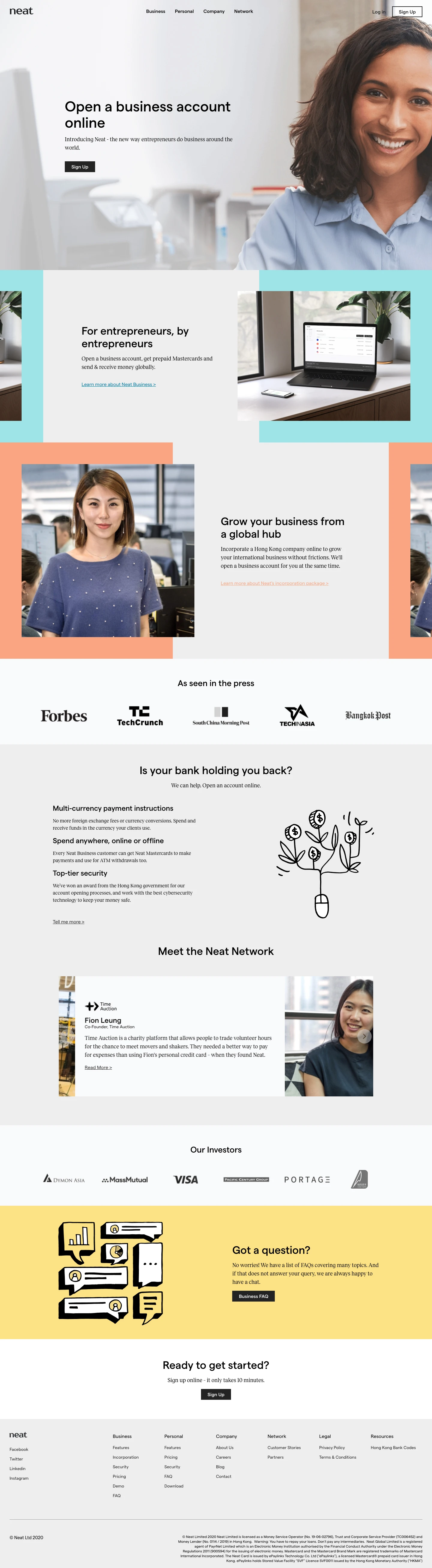 Neat Landing Page Example: Neat believes in making international business a reality for entrepreneurs around the world. Today, Neat is a modern alternative to a bank, designed to support you wherever you go. Tomorrow, we’re a platform for doing business: building a dynamic and frictionless economy.