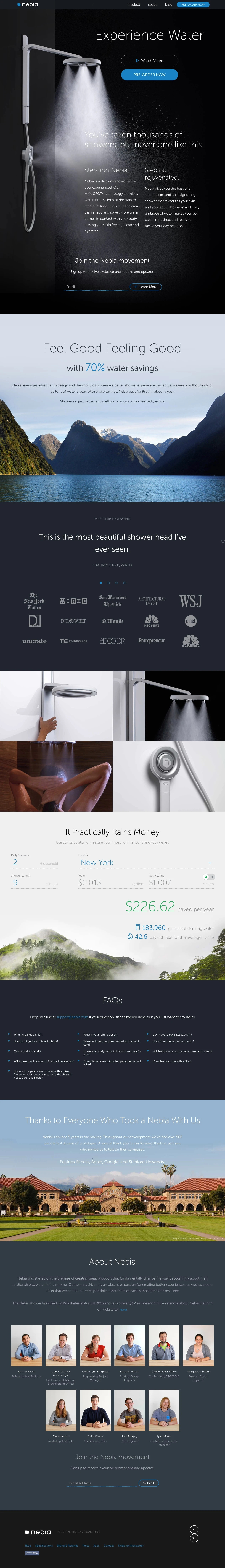 Nebia Shower Landing Page Example: You’ve taken thousands of showers, but never one like this.
