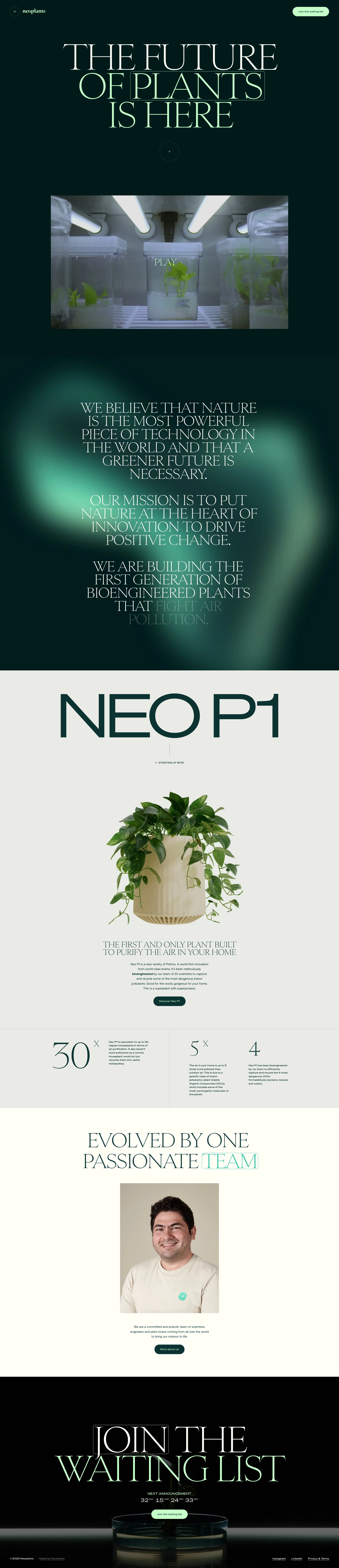 Neoplants Landing Page Example: The first generation of bioengineered to fight air pollution. We call them neoplants.
