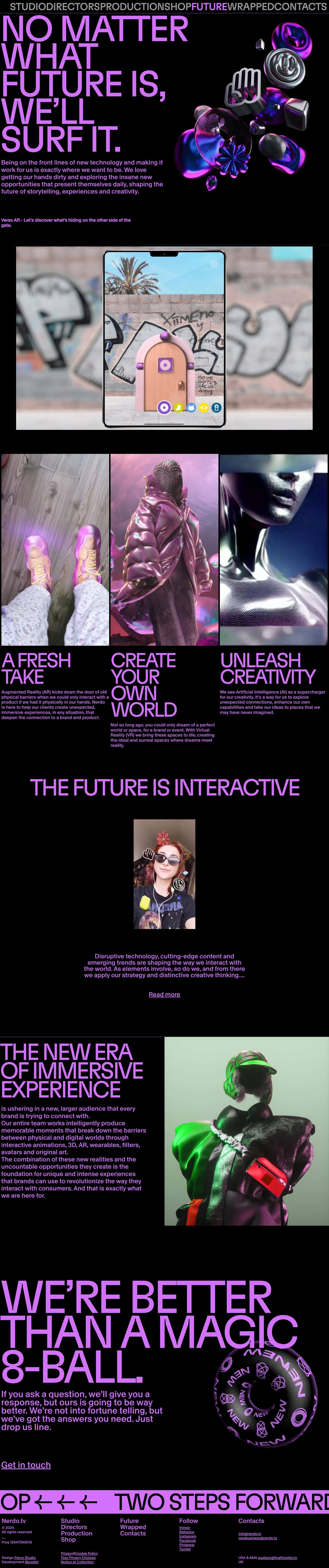 NERDO Landing Page Example: International award-winning creative-driven studio. Making the difference since 2009. Courageous, independent and bat-s**t crazy thinkers.