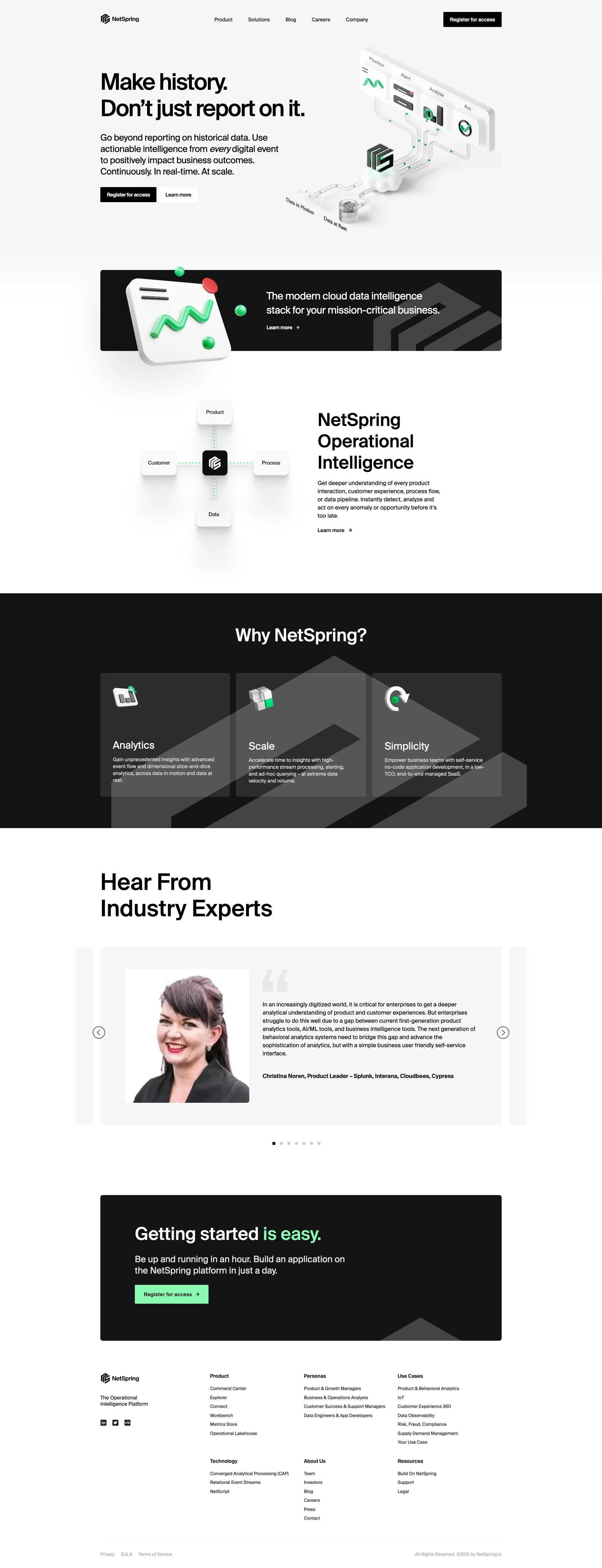 NetSpring Landing Page Example: Go beyond reporting on historical data. Use actionable intelligence from every digital event to positively impact business outcomes. Continuously. In real-time. At scale.