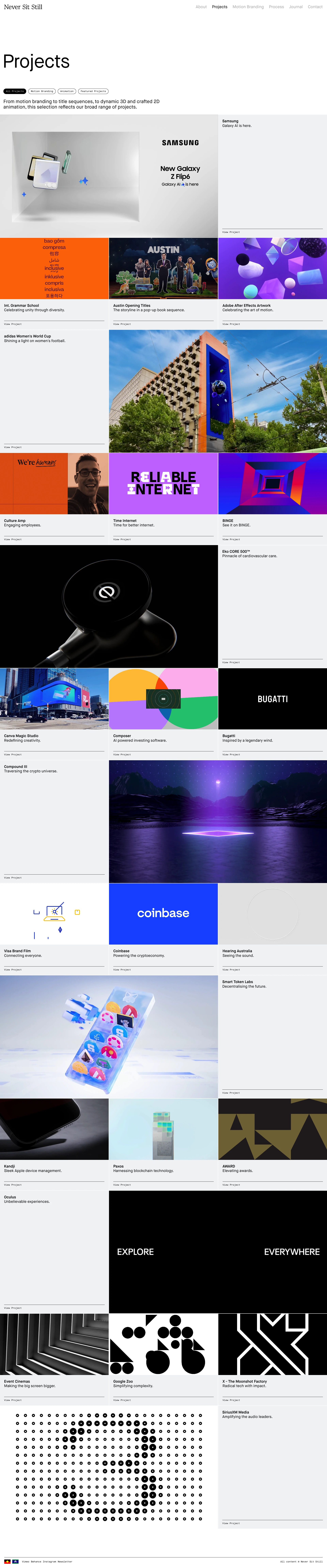 Never Sit Still Landing Page Example: We are a motion design company based in Sydney, Australia. We make things move, to help move people.