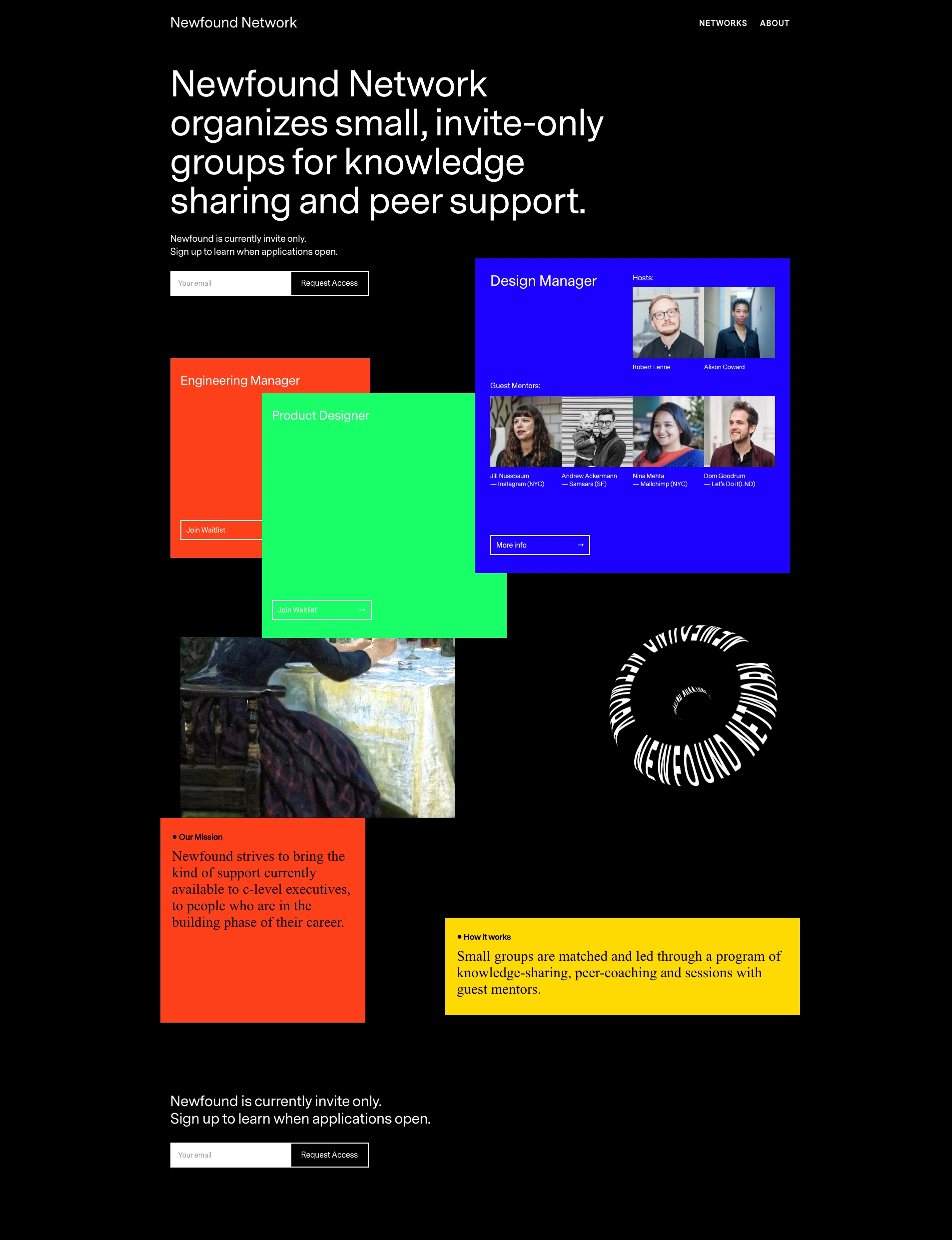 Newfound Network Landing Page Example: Newfound Network organizes small, invite-only groups for knowledge sharing and peer support.