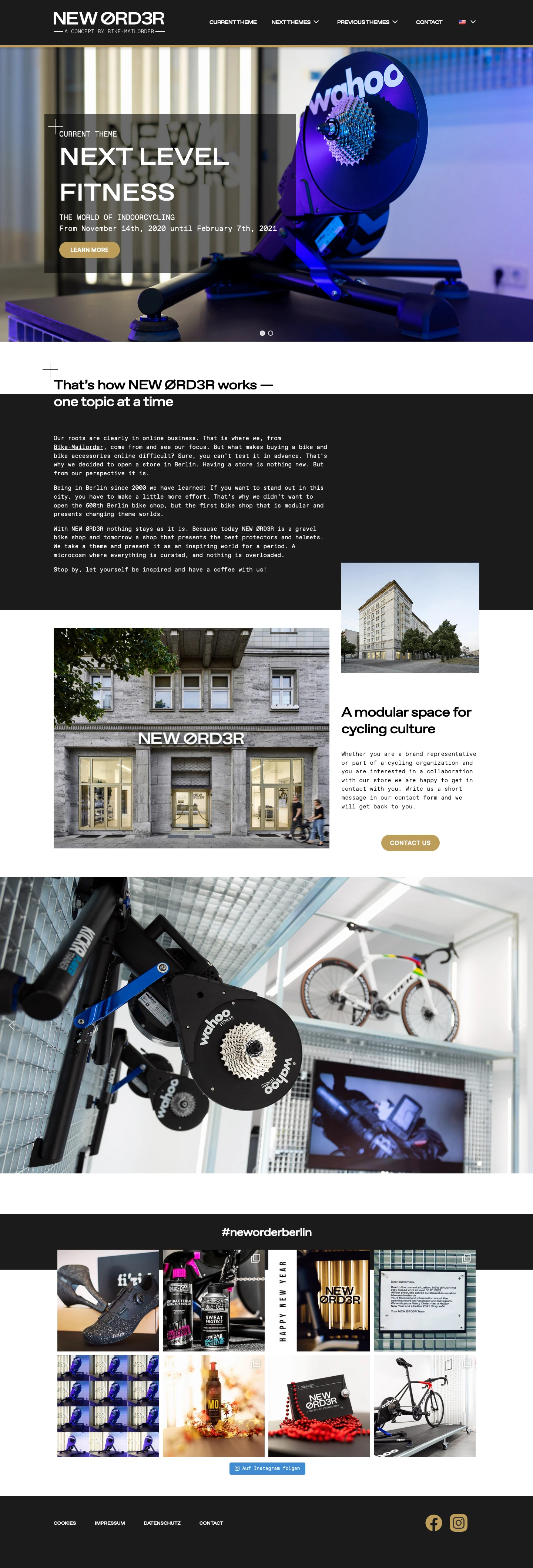 NEW ORDER Landing Page Example: The New Order store is a modular space for cycling culture. A store that offers different theme worlds for a certain period of time.