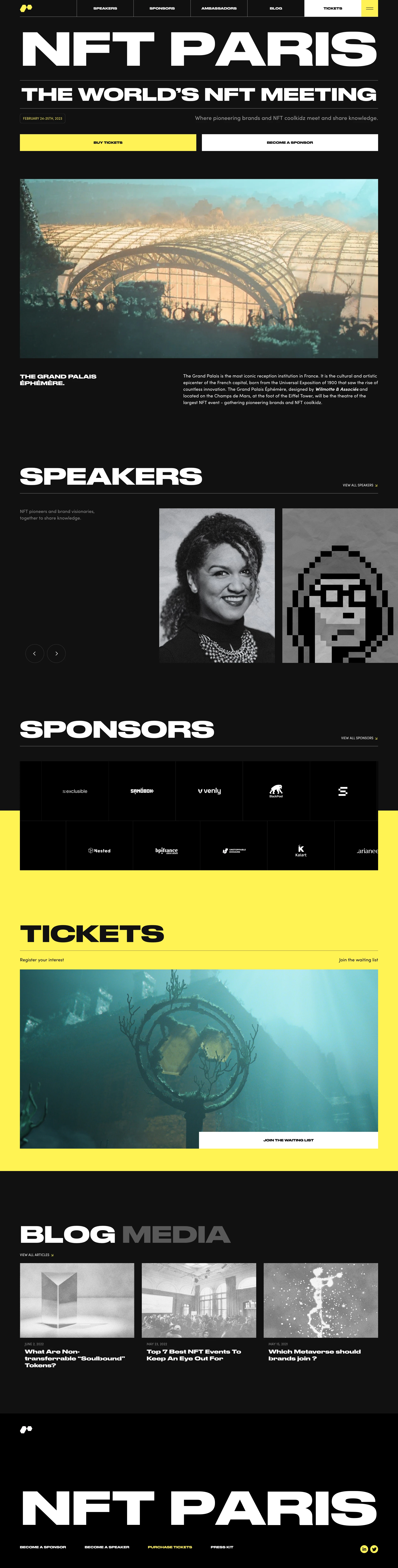 NFT Paris Landing Page Example: NFT Paris is the biggest annual NFT conference, bringing together Brands, Artists, Entrepreneurs, Investors and Collectors interested in Non fungible tokens