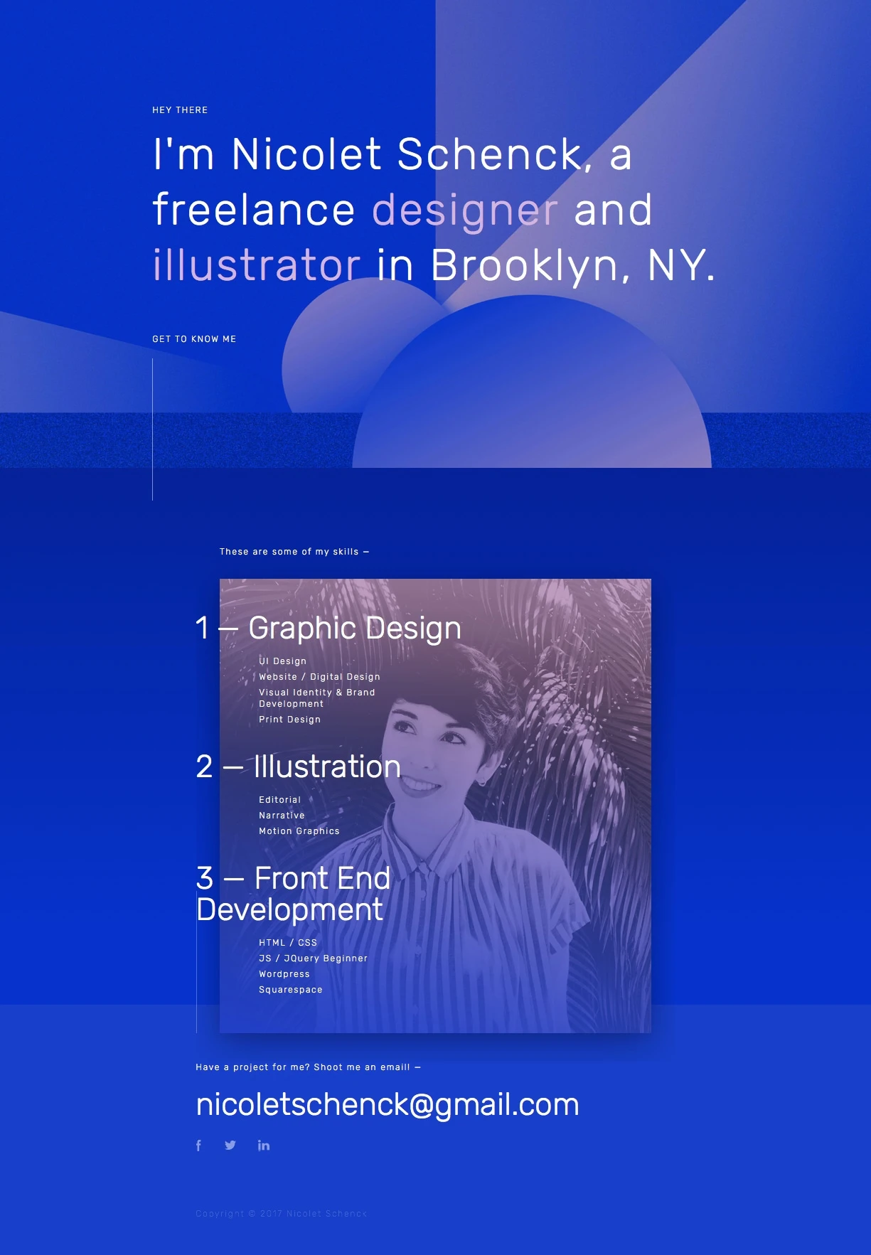 Nicolet Schenck Landing Page Example: A freelance designer and illustrator in Brooklyn, NY.