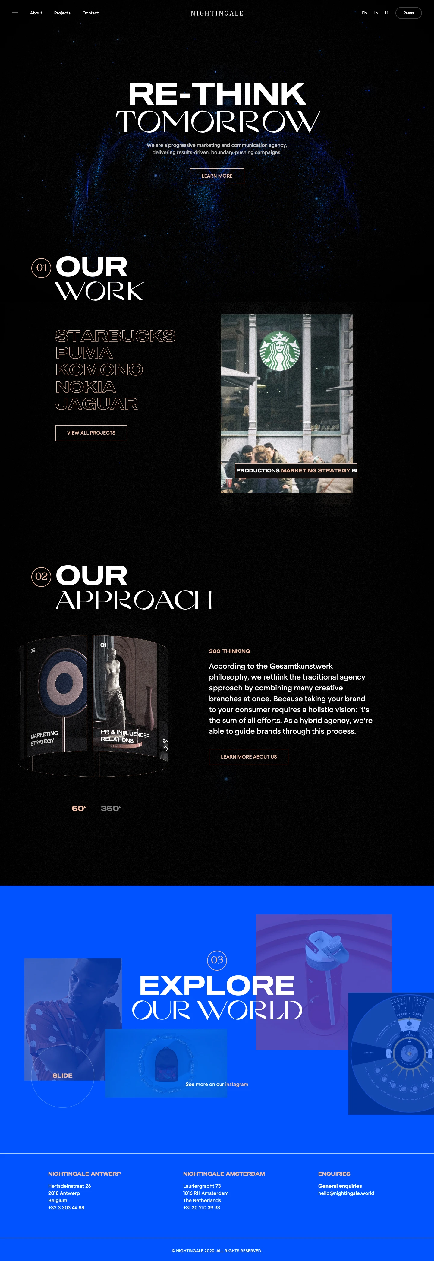 Nightingale Landing Page Example: A progressive marketing and communication agency based in the Benelux. Combining innovation, aesthetics and relevance in fashion, food, design and tech.