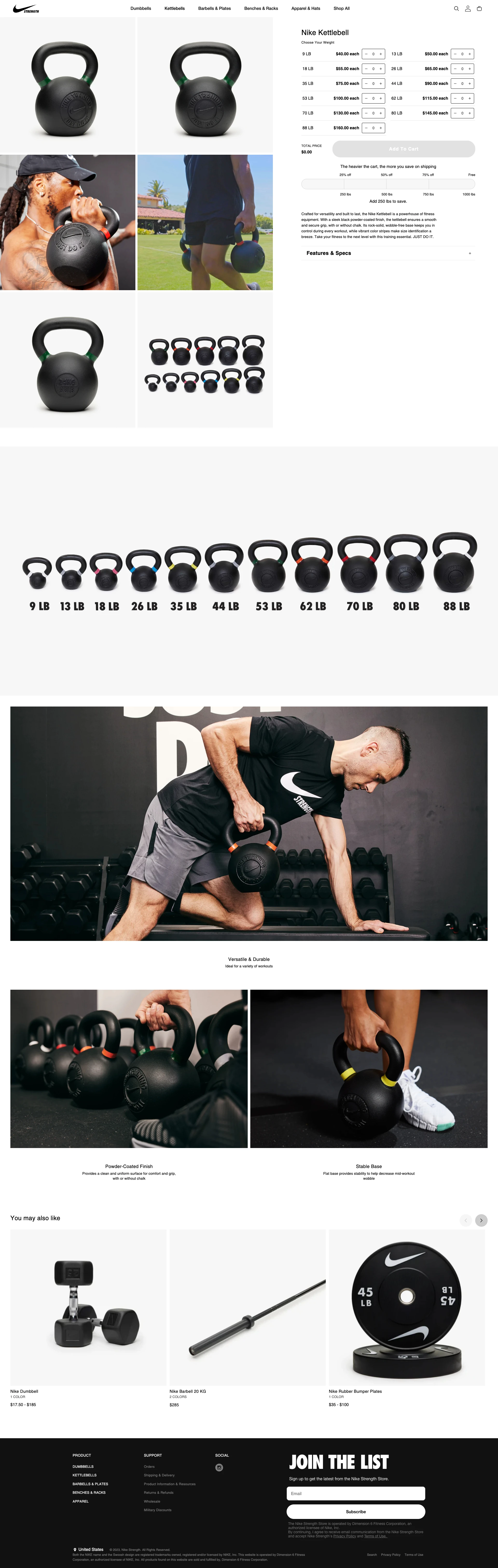Nike Strength Landing Page Example: Elevate your training. Home gym equipment for all athletes. Dumbbells, Kettlebells, Barbells & Plates, Benches & Racks, Apparel & Hats. Proven and tested by championship athletes.