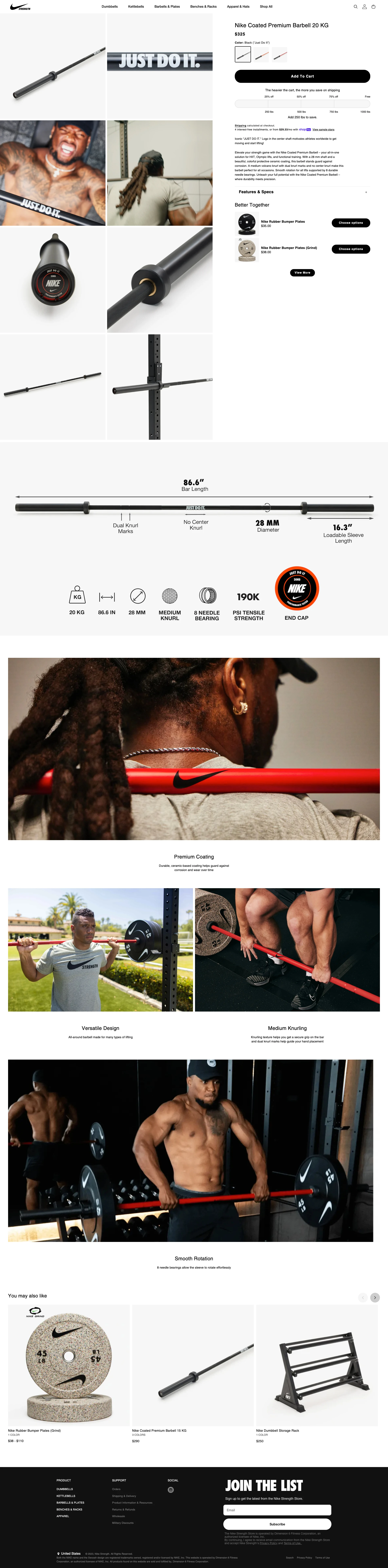 Nike Strength Landing Page Example: Elevate your training. Home gym equipment for all athletes. Dumbbells, Kettlebells, Barbells & Plates, Benches & Racks, Apparel & Hats. Proven and tested by championship athletes.