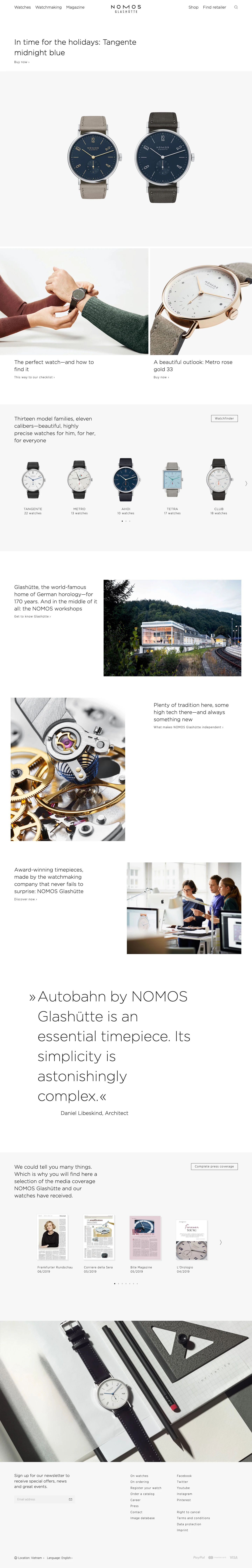 NOMOS Glashütte Landing Page Example: Fine mechanical watches, built by hand to last a lifetime, designed to look good any time.