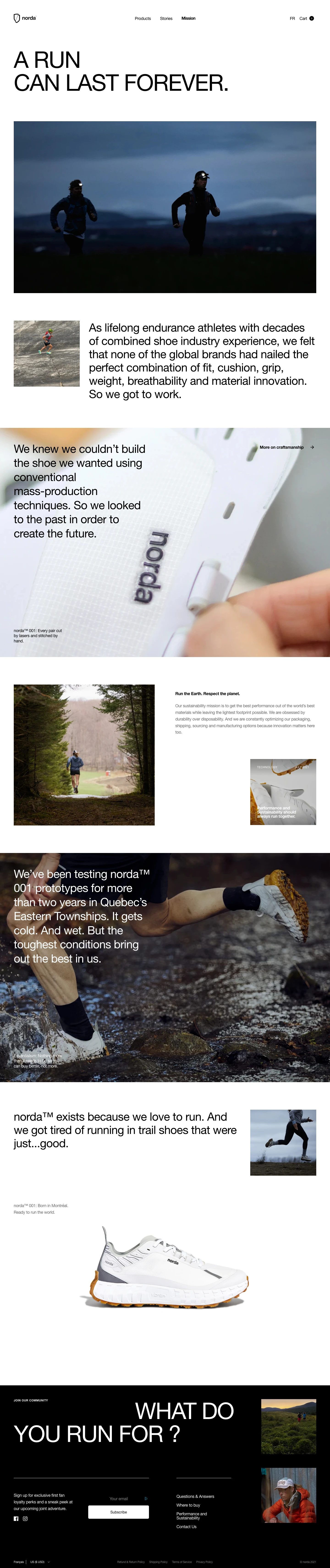 norda run Landing Page Example: We couldn’t find a trail shoe that was tough enough, light enough or fast enough to take us where we wanted to go. So we created it.