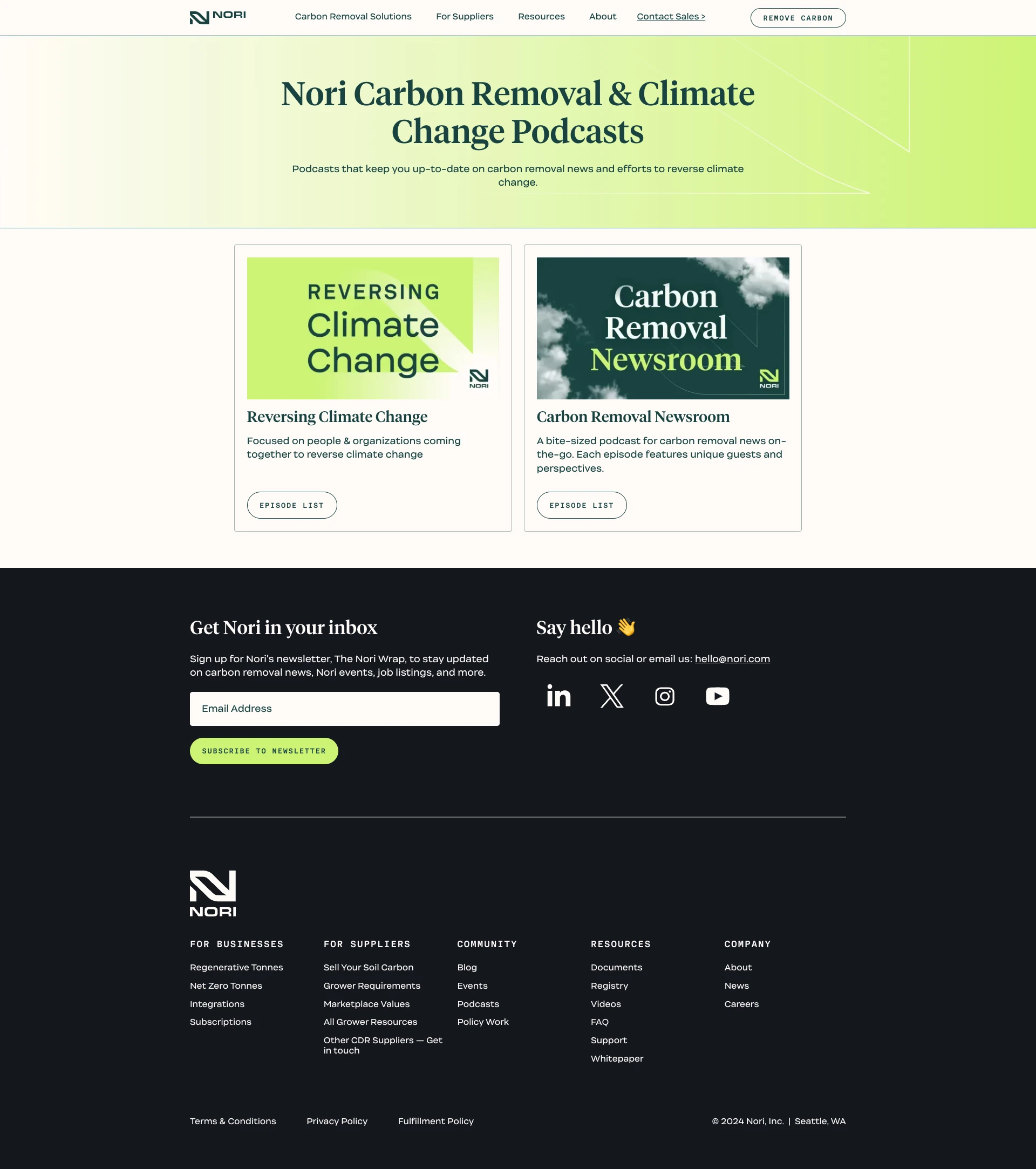 Nori Landing Page Example: Drive positive climate impact with verified carbon removals. Meet your business’ climate goals with carbon removal solutions that regenerate the Earth, compensate for emissions, and integrate directly into your products.