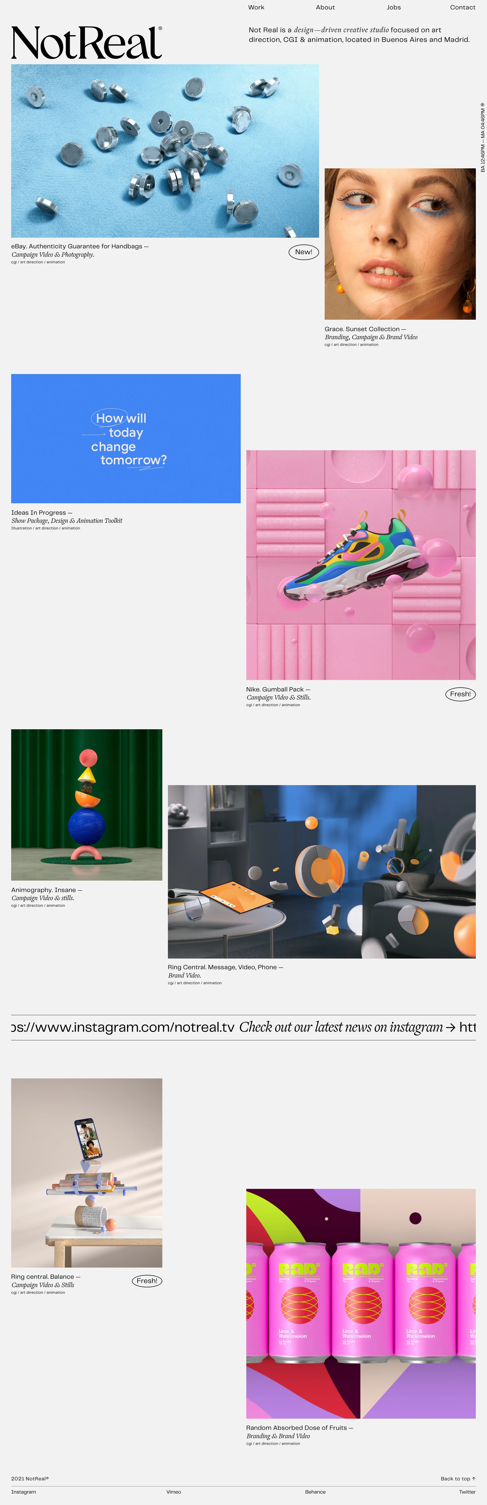 Not Real Landing Page Example: Not Real is a design—driven creative studio focused on art direction, CGI & animation, located in Buenos Aires and Madrid.