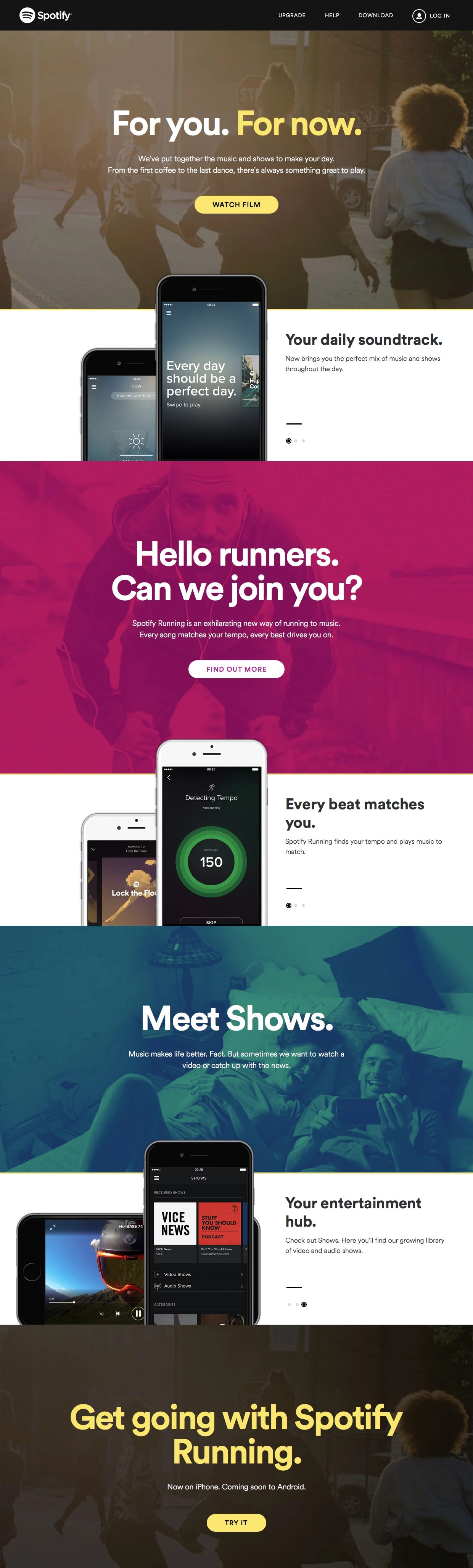 Now - Spotify Landing Page Example: Catch up with the news, watch a quick video, and get music that matches the beat of your run.