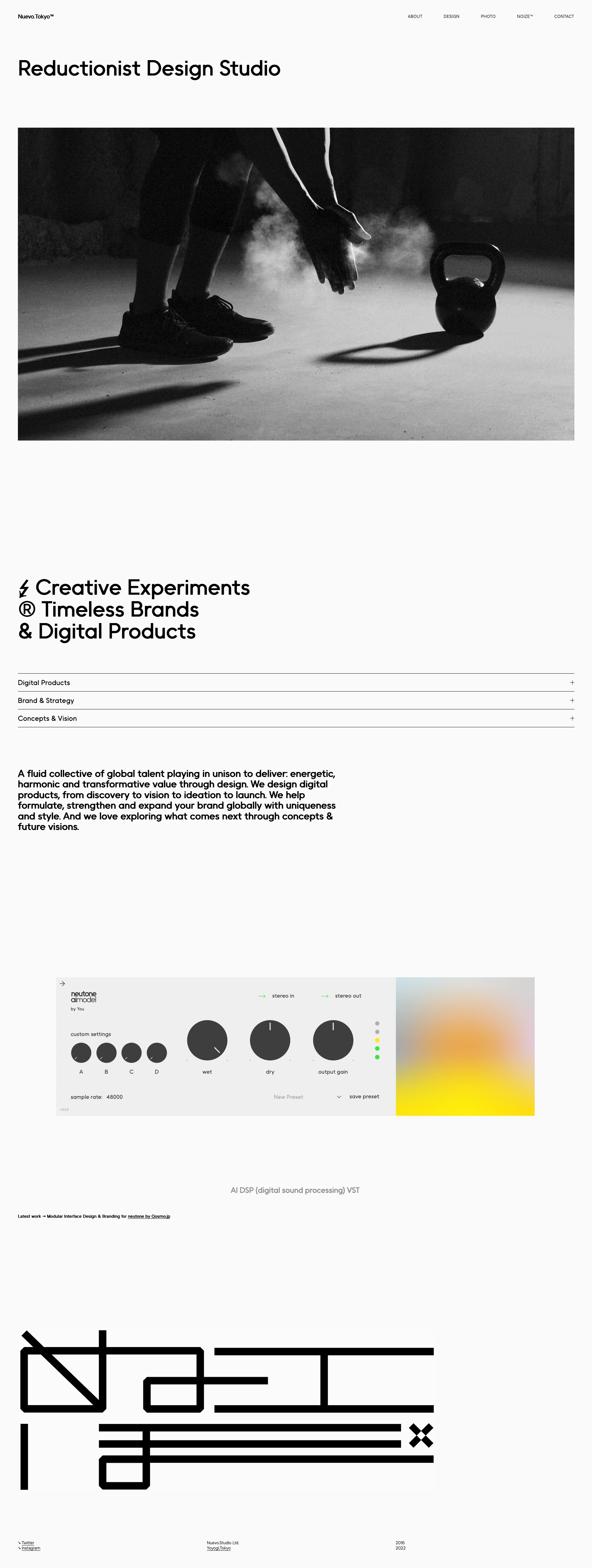 Nuevo.Tokyo Landing Page Example: Reductionist Design Studio. Creative Experiments, Brands and Digital Products.