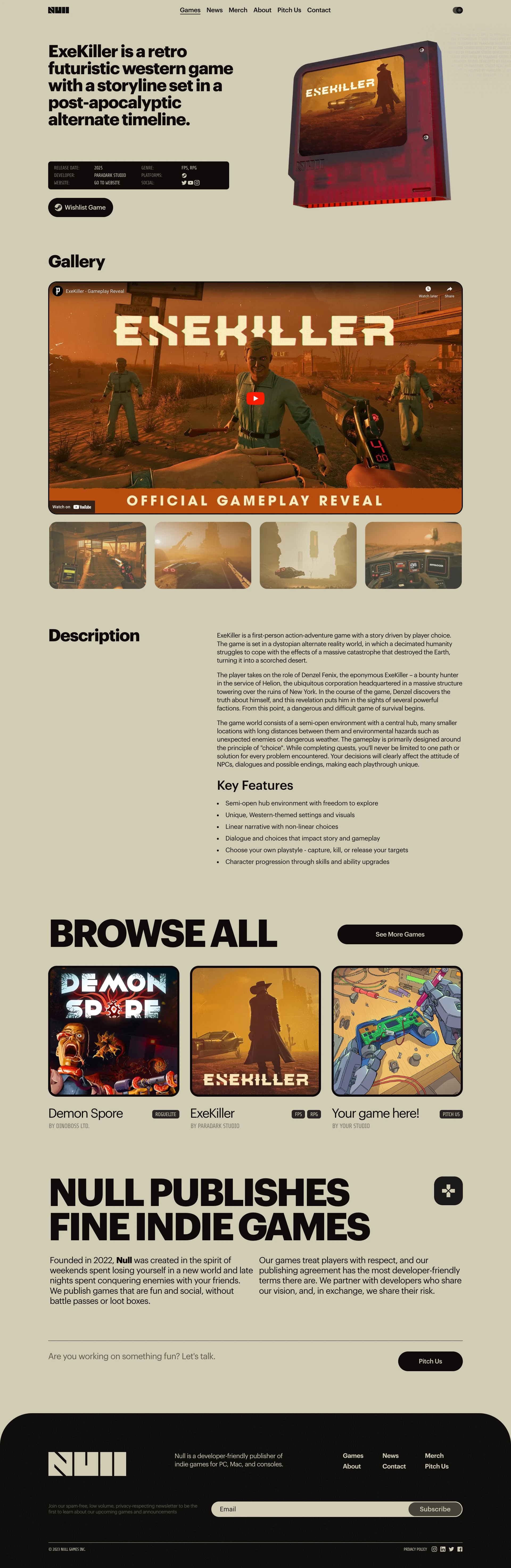 Null Games Landing Page Example: Null is a developer-friendly publisher of indie games for PC, Mac, and consoles.
