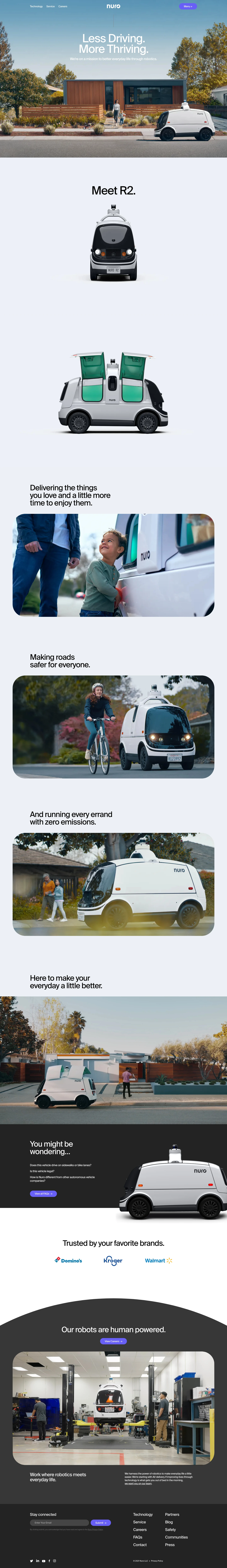 Nuro Landing Page Example: Less driving. More thriving. Nuro autonomous, zero-occupant delivery vehicles are making more possible—today.