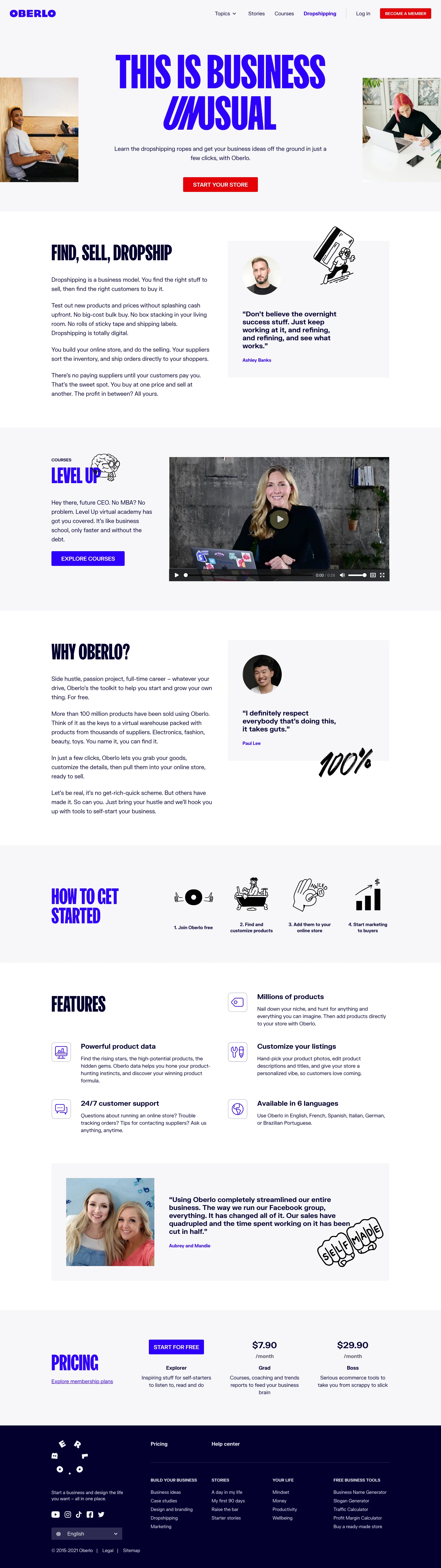 Oberlo Landing Page Example: Get your hands dirty and start something today. Oberlo membership unlocks the digital courses, podcasts, ebooks, and dropshipping tools to build your own online empire.
