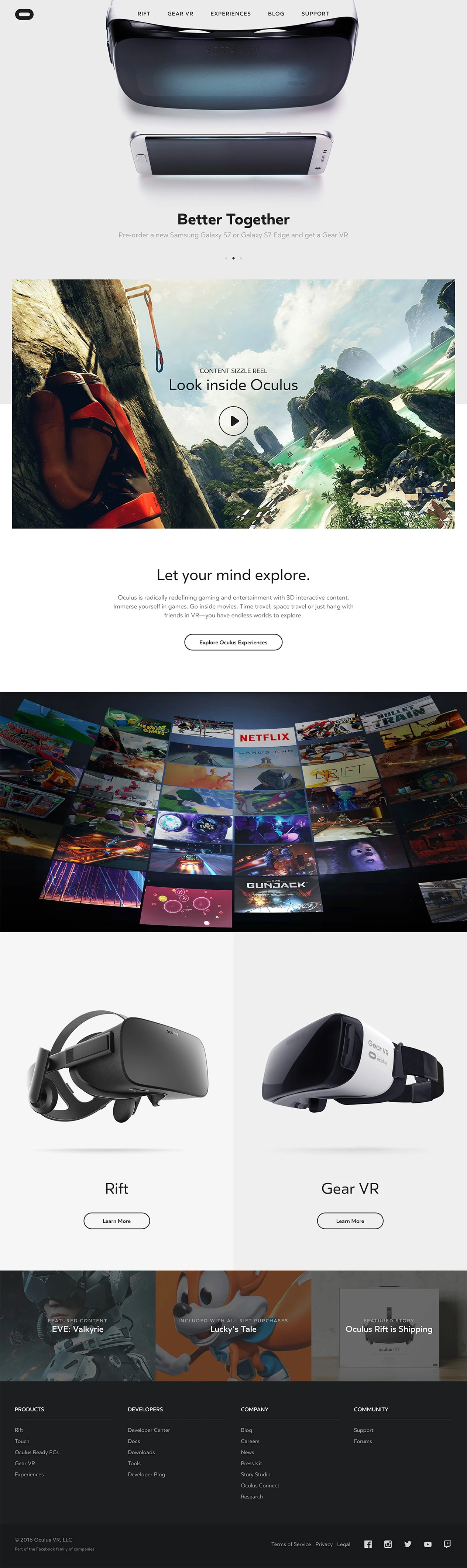 Oculus Landing Page Example: Oculus is making it possible to experience anything, anywhere, through the power of virtual reality. Visit to learn more about Gear VR and Oculus Rift.