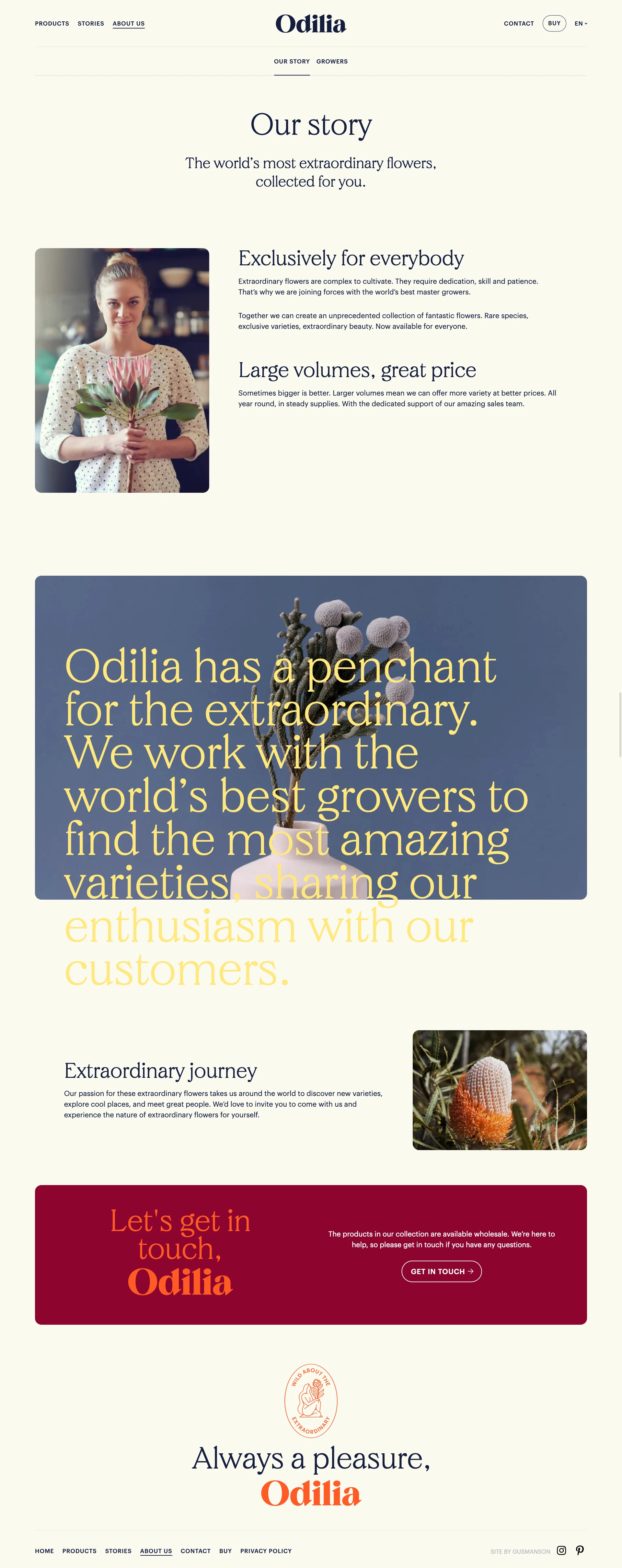 Odilia Flowers Landing Page Example: Odilia collects the world’s most extraordinary flowers. With a keen eye she selects the best varieties from fields of master growers in South Africa, Portugal and beyond.