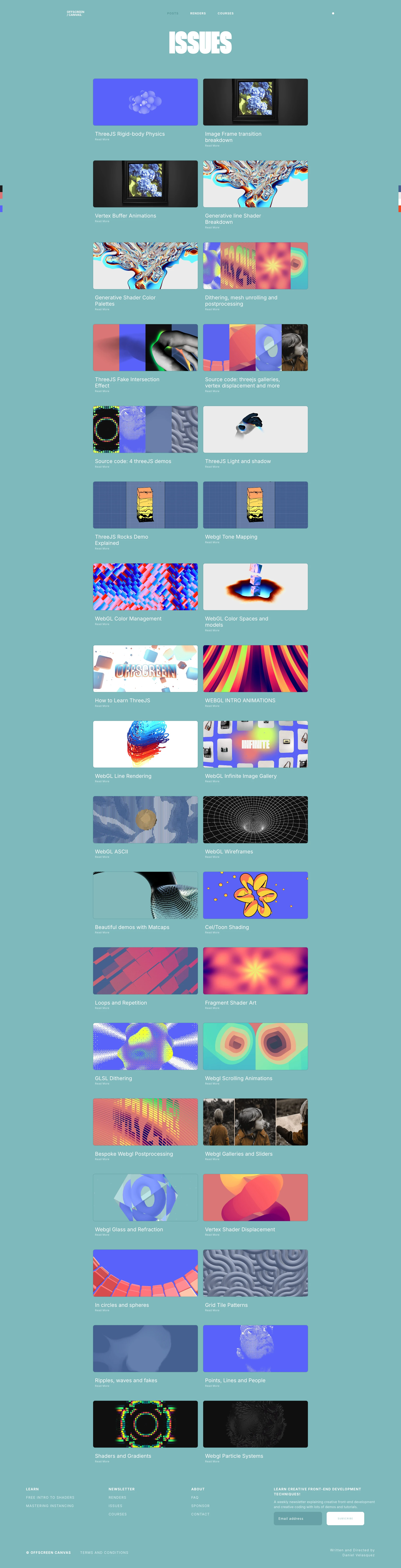 Offscreen Canvas Landing Page Example: Weekly webgl and creative coding newsletter. Techniques resources, inspiration and demos made by Daniel Velasquez!