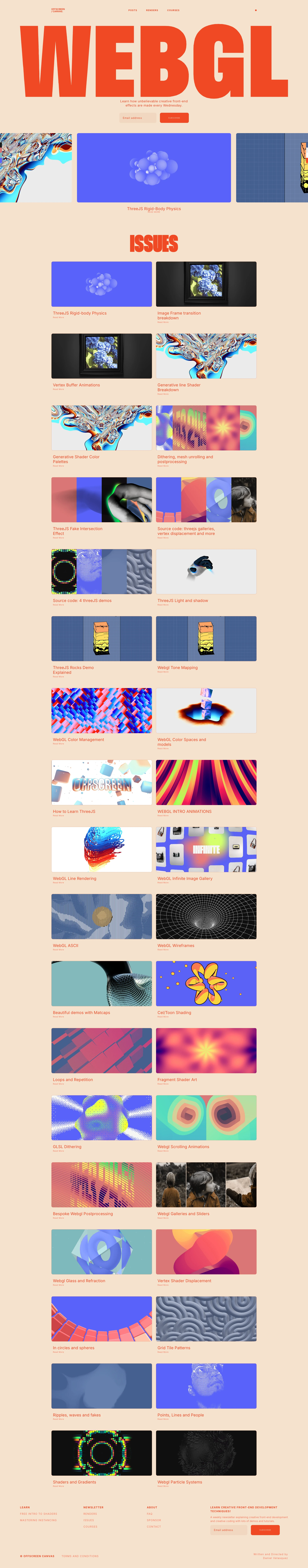 Offscreen Canvas Landing Page Example: Weekly webgl and creative coding newsletter. Techniques resources, inspiration and demos made by Daniel Velasquez!