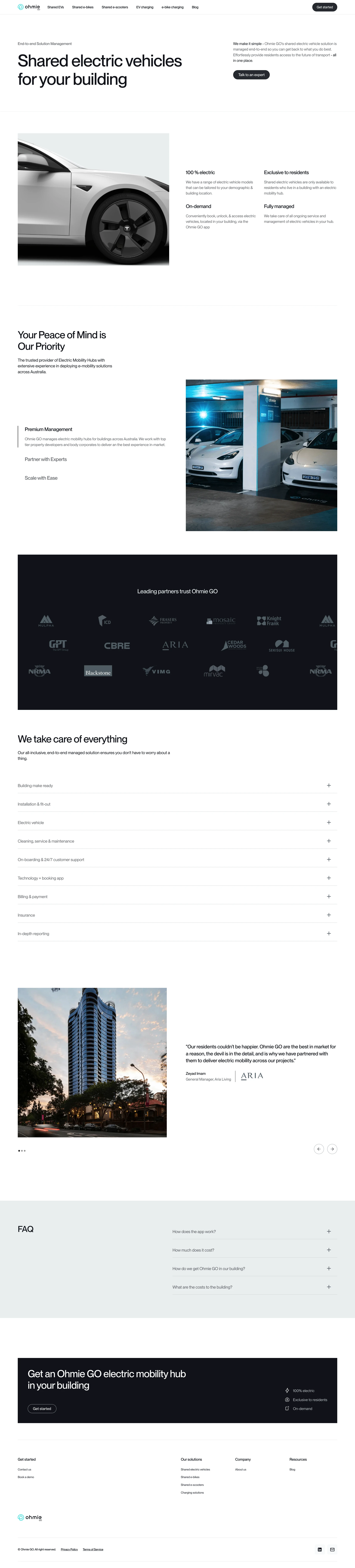 Ohmiego Landing Page Example: Ohmie GO’s platform provides a suite of solutions to help buildings get EV ready. These are delivered to residents as a premium end-to-end managed service and amenity - An intelligent way to get EV ready with one seamless experience.
