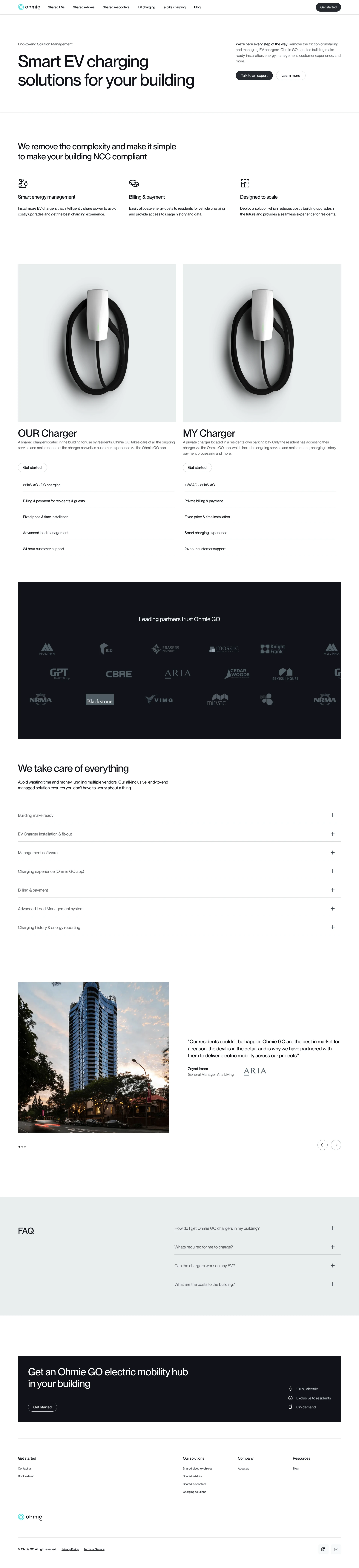 Ohmiego Landing Page Example: Ohmie GO’s platform provides a suite of solutions to help buildings get EV ready. These are delivered to residents as a premium end-to-end managed service and amenity - An intelligent way to get EV ready with one seamless experience.