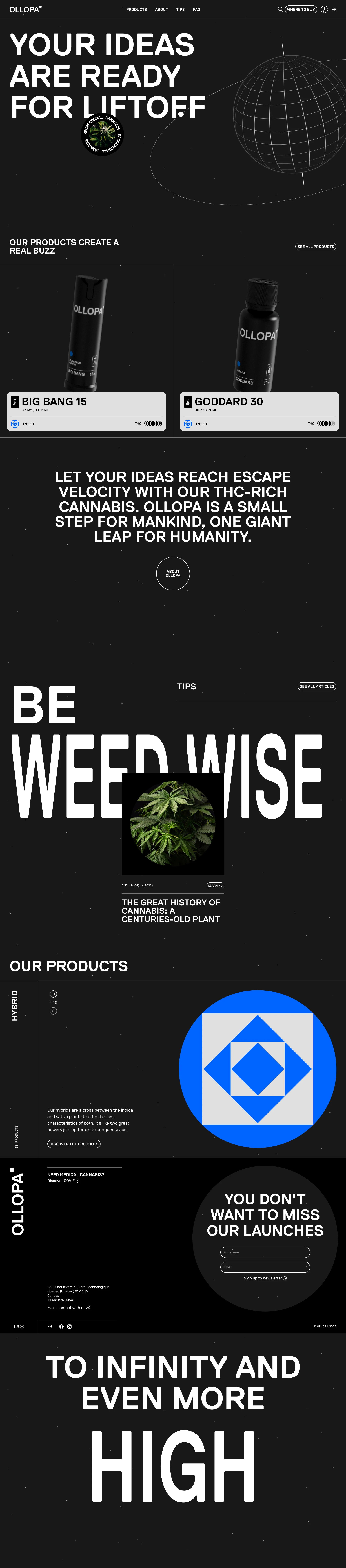 OLLOPA Landing Page Example: Your ideas are ready for liftoff with our THC-rich cannabis products produced in our labs. Discover the collection today!