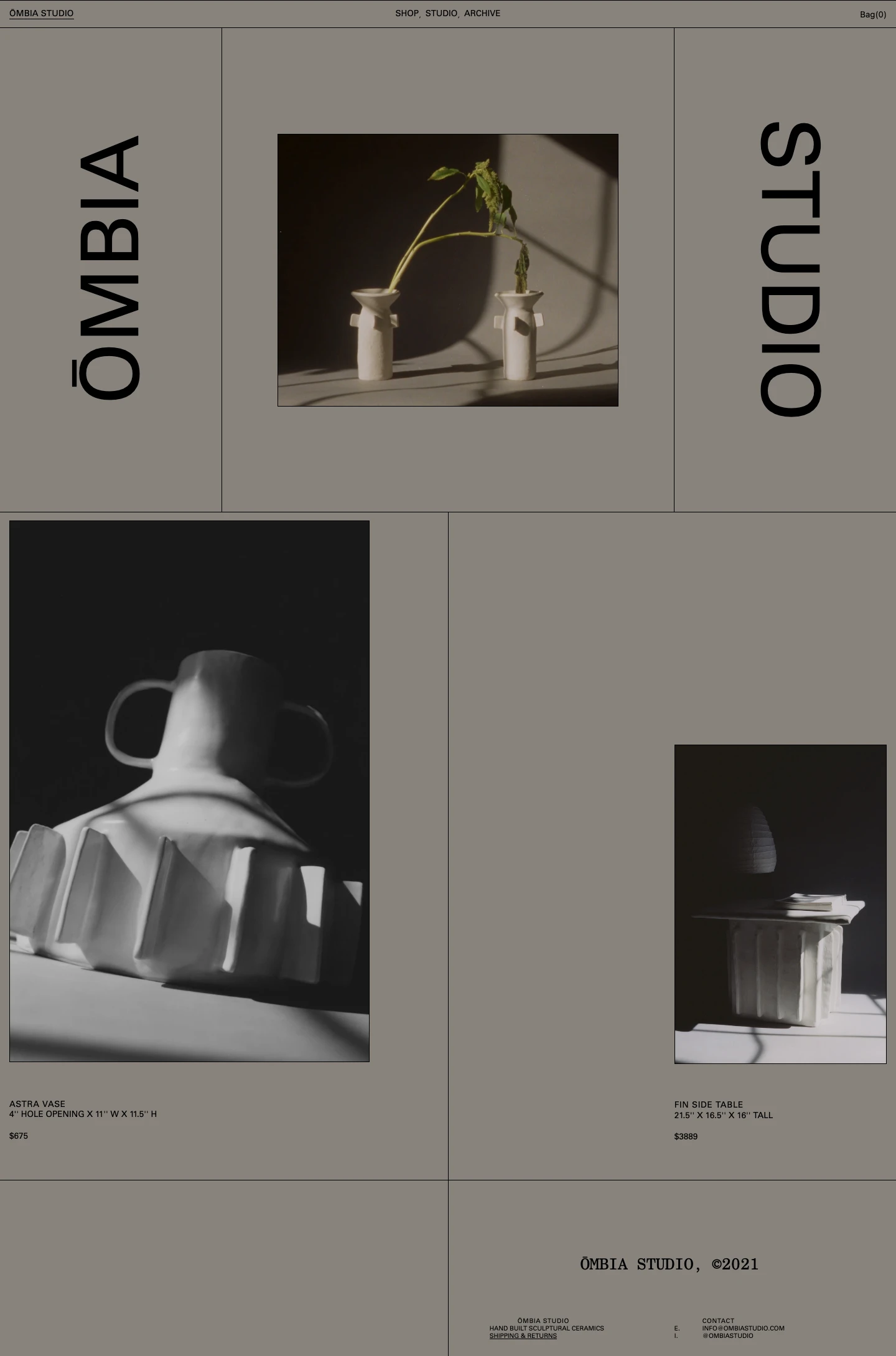 Ombia Studio Landing Page Example: Hand built sculptural ceramics and design studio.