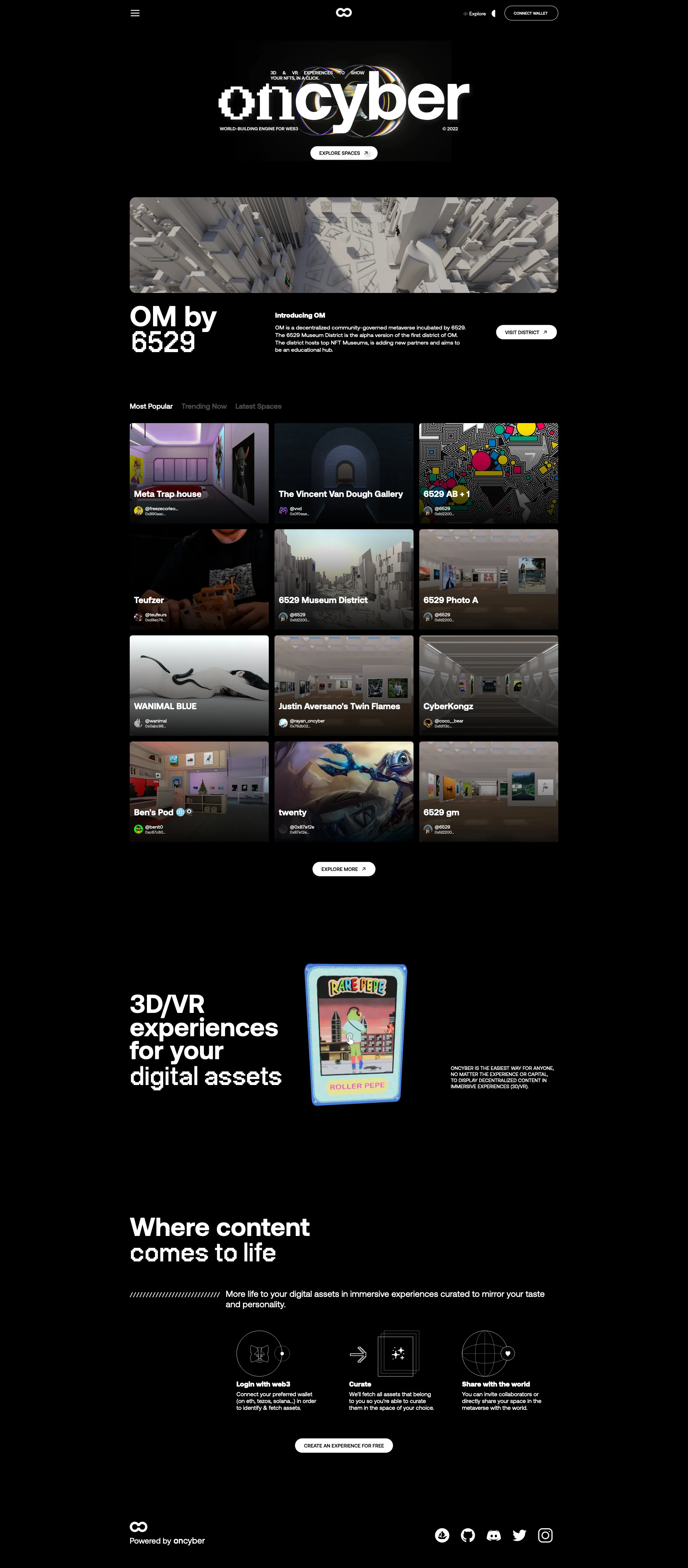 ONCYBER Landing Page Example: A digital world for creators, oncyber is the easiest way for artists and collectors to show their digital assets (NFTs) in fully immersive experiences (3D/VR), for free.