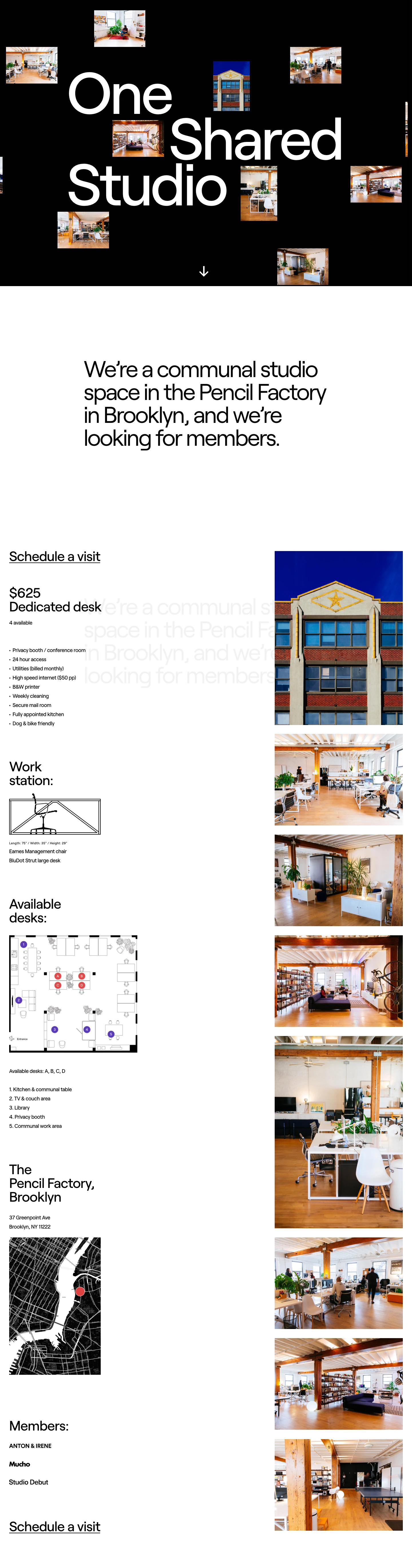 One Shared Studio Landing Page Example: We’re a communal studio space in the Pencil Factory in Brooklyn, and we’re looking for members.