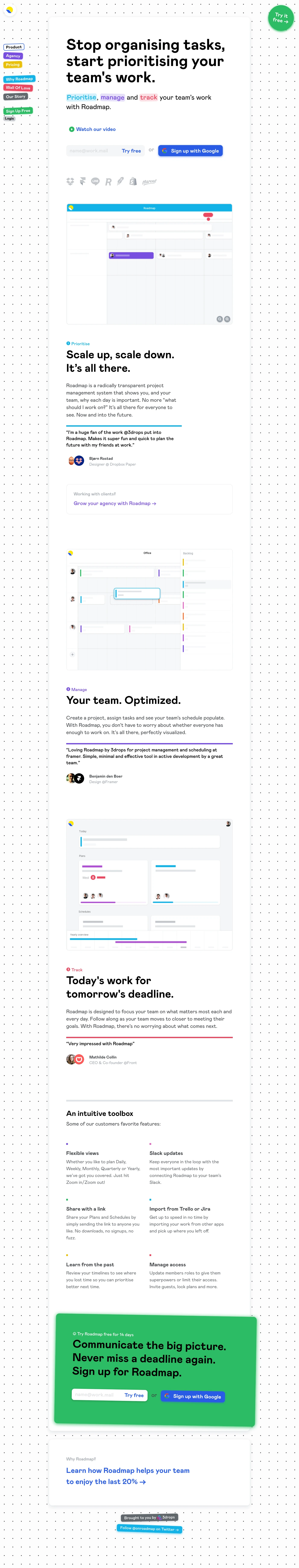 Roadmap Landing Page Example: Roadmap helps you to plan, manage and track your teams work by just drag and drop. Stop organising tasks, start prioritising your team's work.