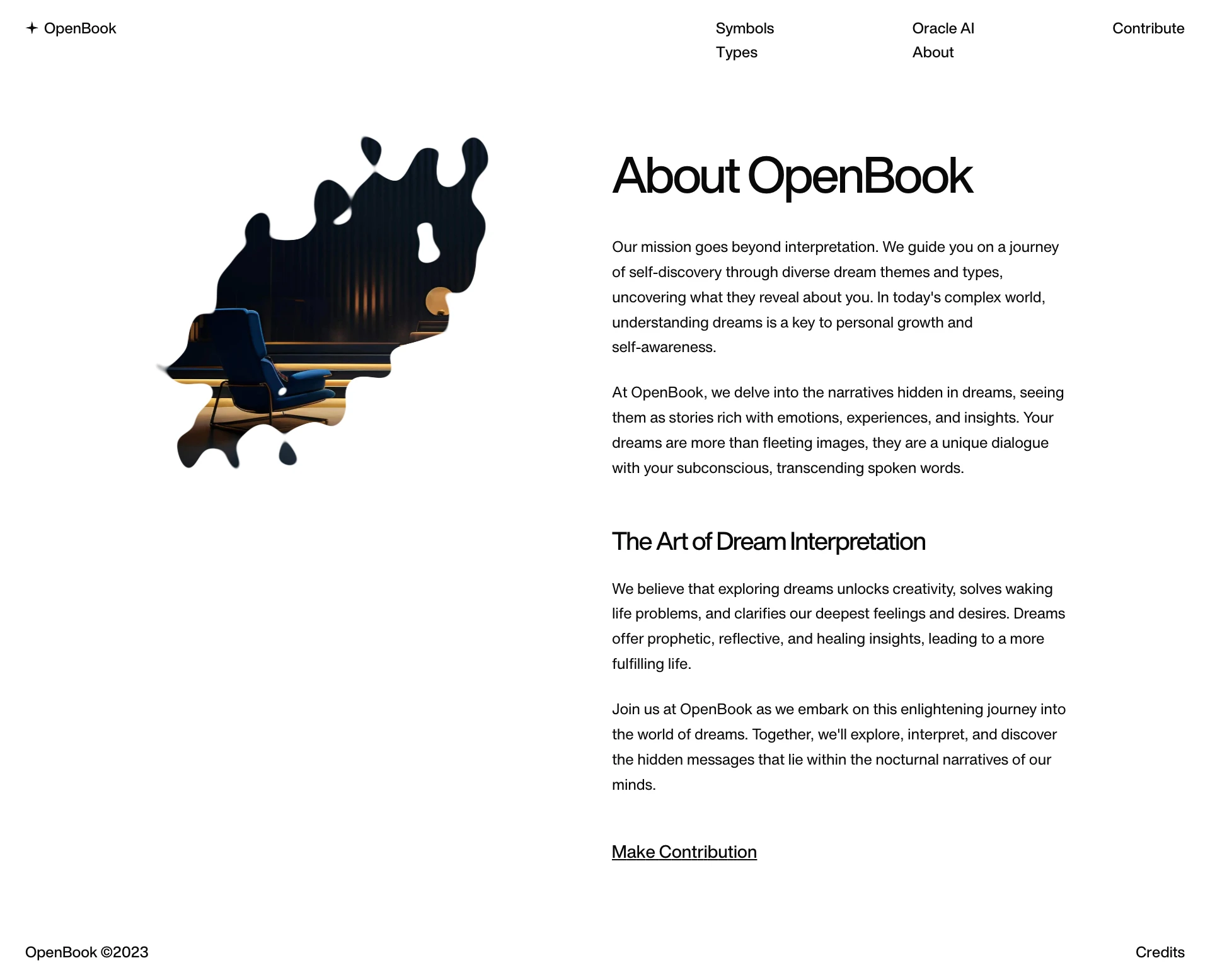 OpenBook Landing Page Example: AI powered online guide to aid interpretation of common themes and symbols that appear in dreams.