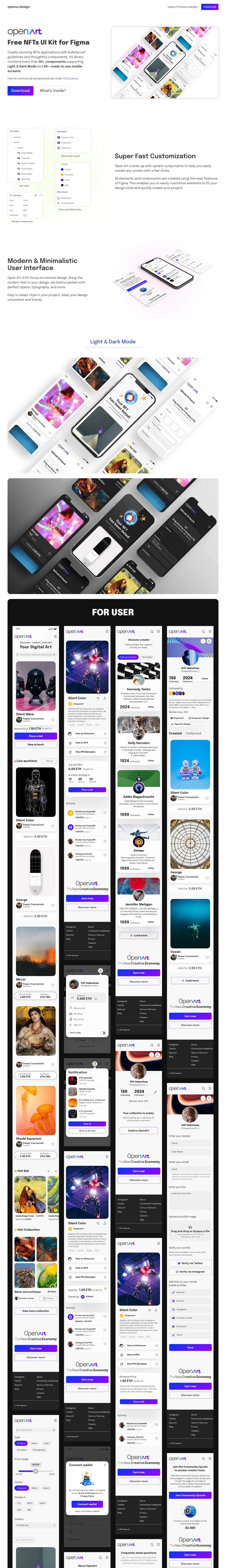 Open Art Landing Page Example: Create stunning NFTs applications with bulletproof guidelines and thoughtful components. Its library contains more than 50+ components supporting dark mode and 60+ ready to use mobile screens. Free for commercial and personal use under CC0 License.