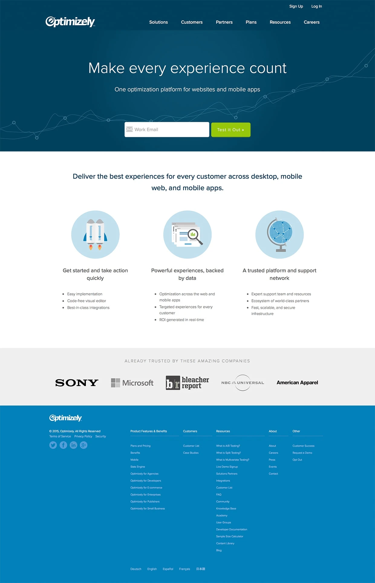 Optimizely Landing Page Example: Enterprise-level A/B testing and personalization for the web and mobile apps.