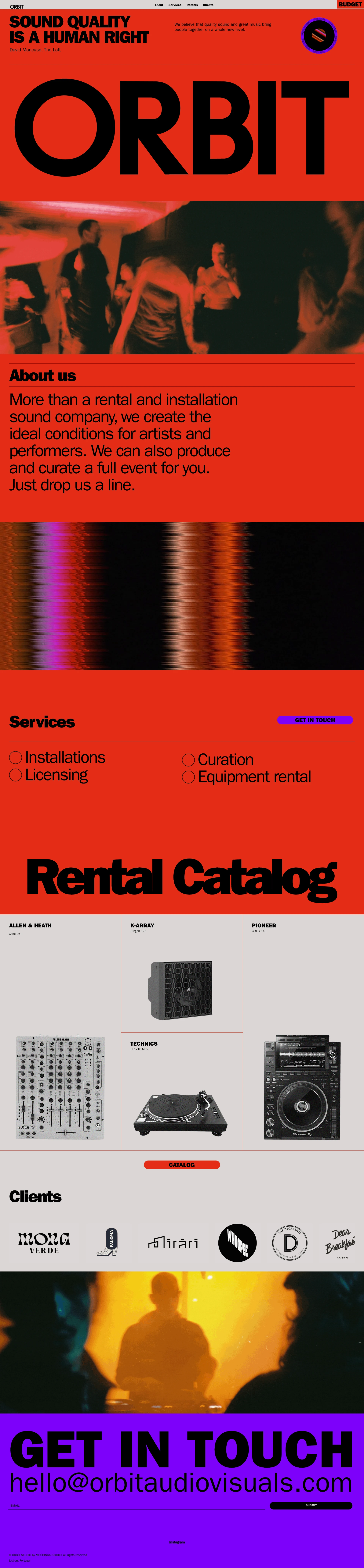 ORBIT Landing Page Example: More than a rental and installation sound company, we create the ideal conditions for artists and performers. We can also produce and curate a full event for you. Just drop us a line.