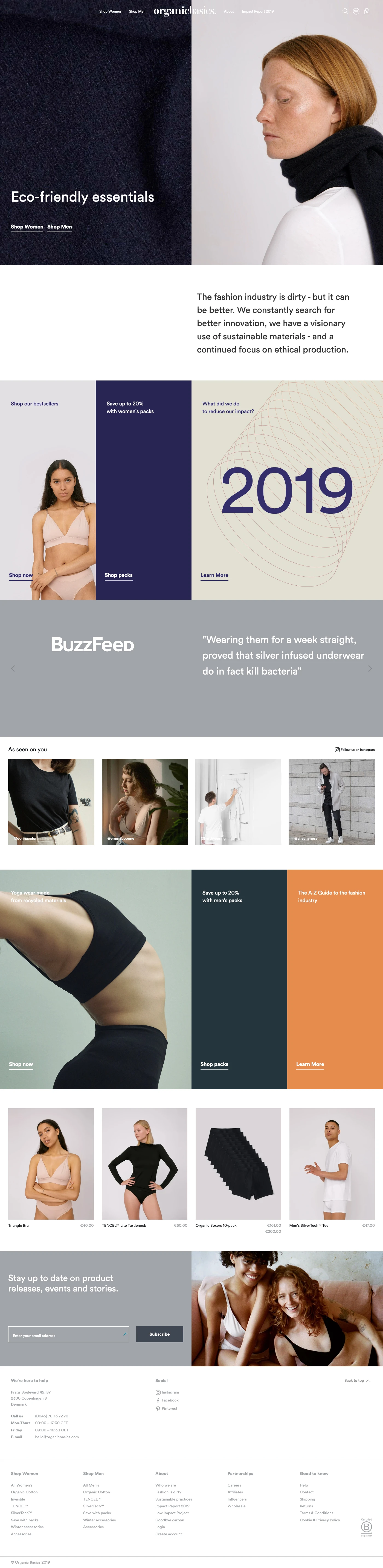 Organic Basics Landing Page Example: Underwear, activewear and essentials made ethically in Europe.