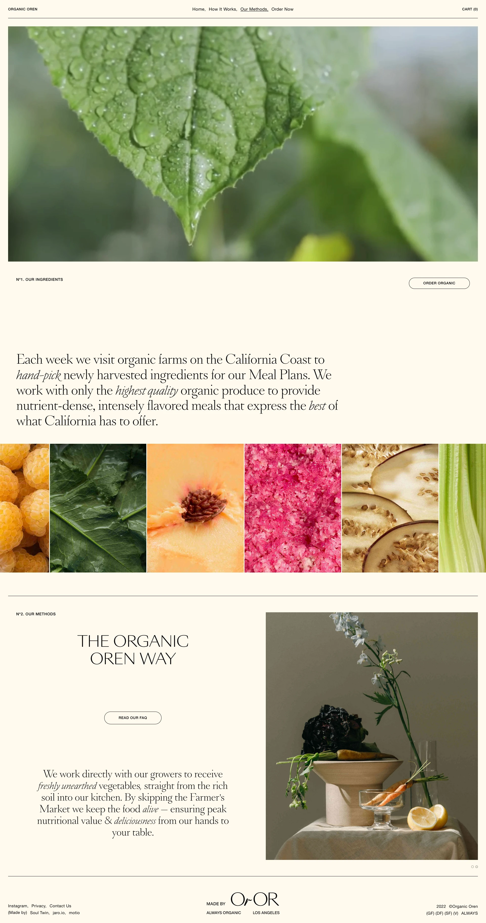 Organic Oren Landing Page Example: Organic Meals & Juices, perfectly prepped & hand-delivered. Our food is made for an active, organic lifestyle and centered around vegetables hand-picked from local farms. We believe eating healthy should be stress-free and delicious, and we like to keep you looking radiant while feeling full, energized & on the go.