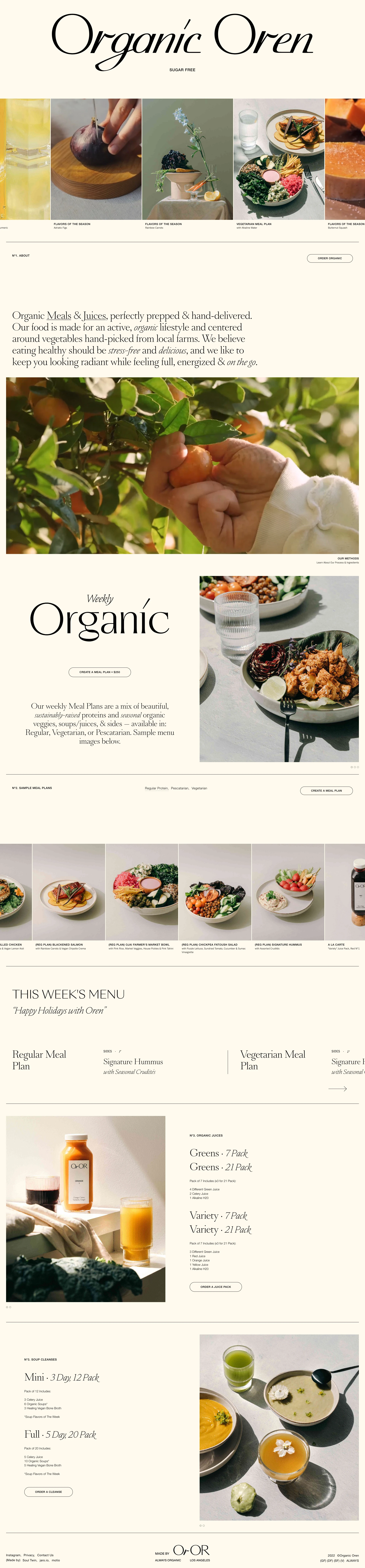 Organic Oren Landing Page Example: Organic Meals & Juices, perfectly prepped & hand-delivered. Our food is made for an active, organic lifestyle and centered around vegetables hand-picked from local farms. We believe eating healthy should be stress-free and delicious, and we like to keep you looking radiant while feeling full, energized & on the go.