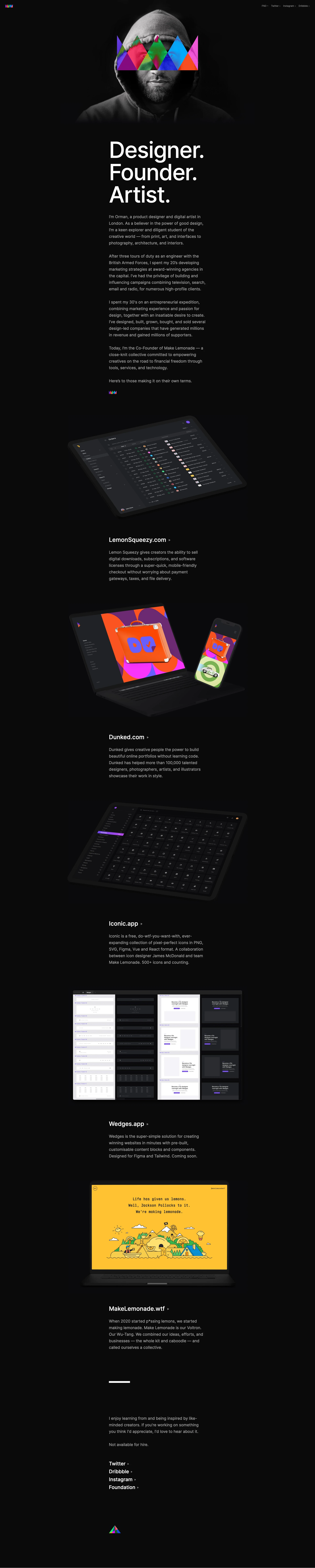 Orman Clark Landing Page Example: Orman Clark is a product designer, digital artist, and Co-Founder of Make Lemonade — a collective committed to empowering fellow creatives on the road to financial freedom.