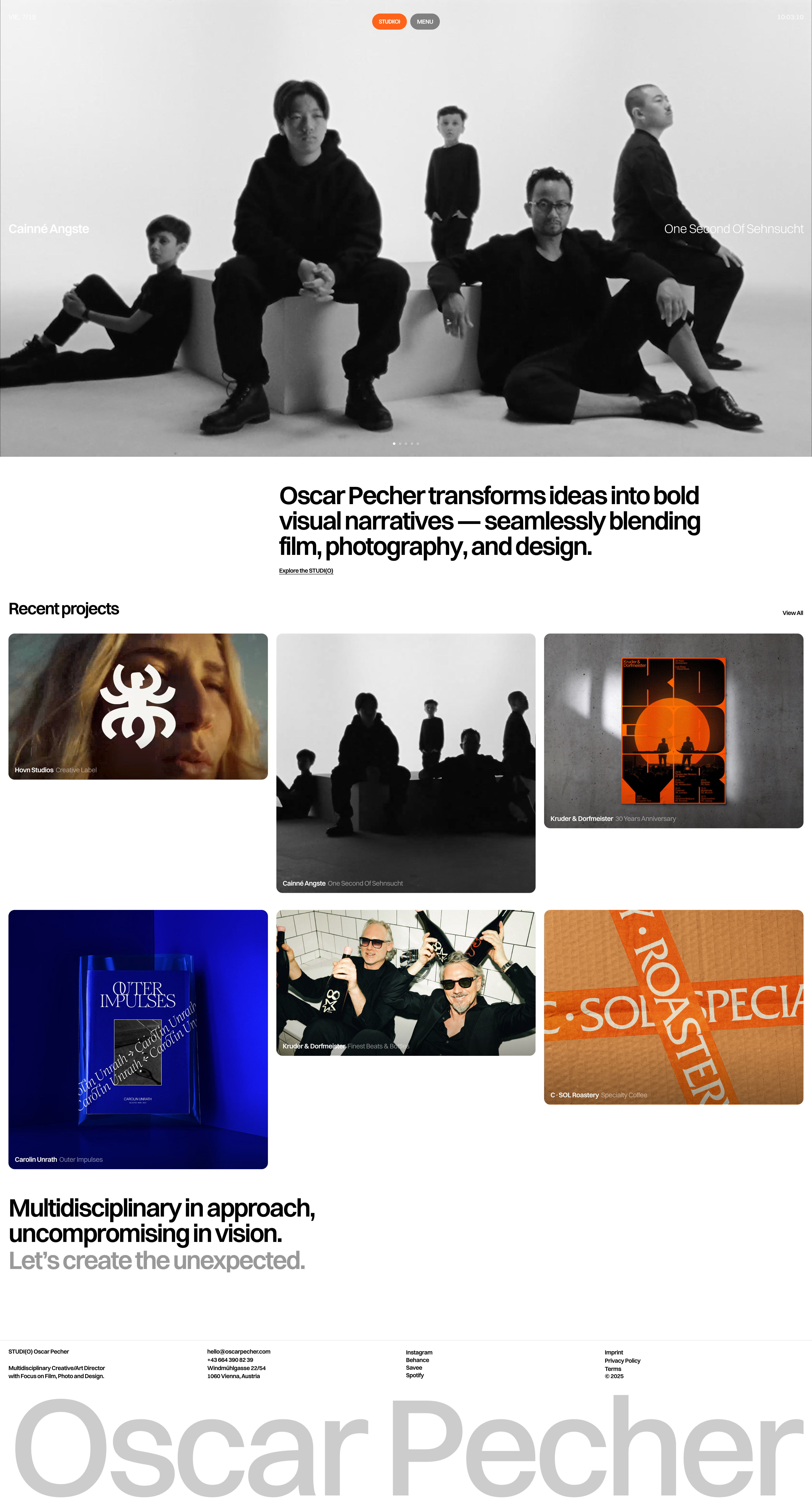 Oscar Pecher Landing Page Example: Multidisciplinary Creative/Art Direction with Focus on Film, Photo and Design. Oscar Pecher crafts compelling concepts, translates them into bold visual narratives and unexpected approaches — seamlessly blending film, photography, and design.