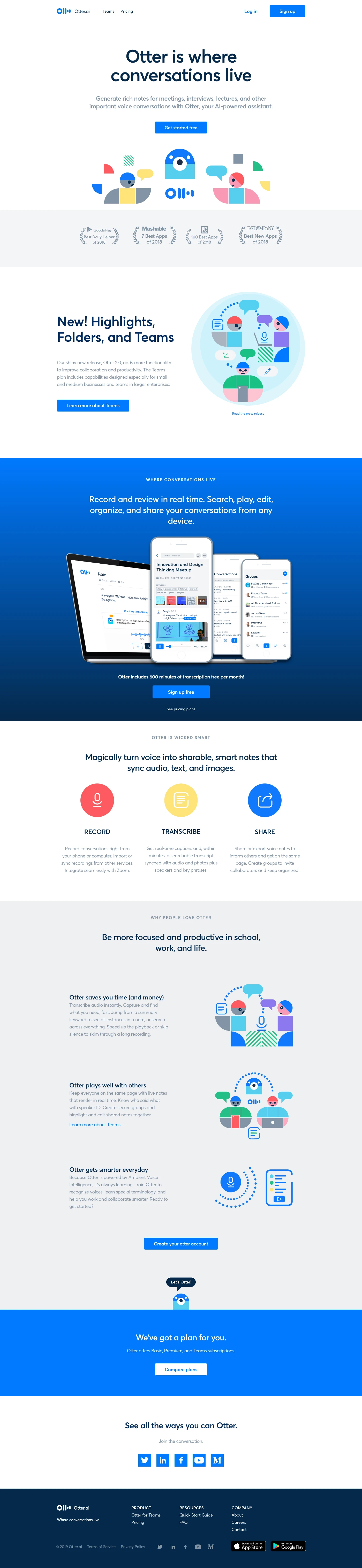 Otter Landing Page Example: Generate rich notes for meetings, interviews, lectures, and other important voice conversations with Otter, your AI-powered assistant