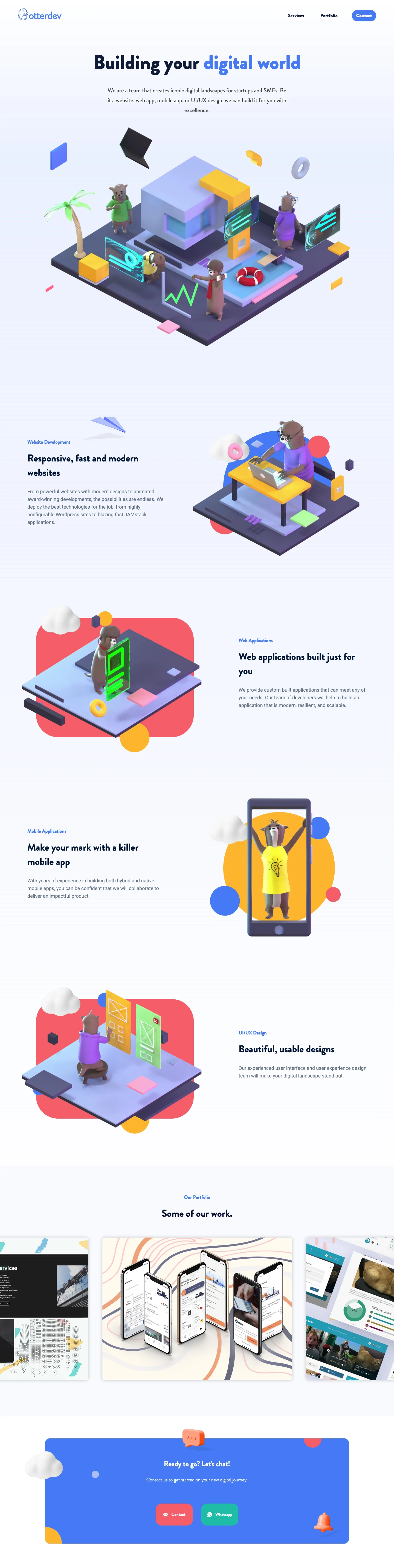 otterdev Landing Page Example: Building your digital worl. dWe are a team that creates iconic digital landscapes for startups and SMEs. Be it a website, web app, mobile app, or UI/UX design, we can build it for you with excellence.
