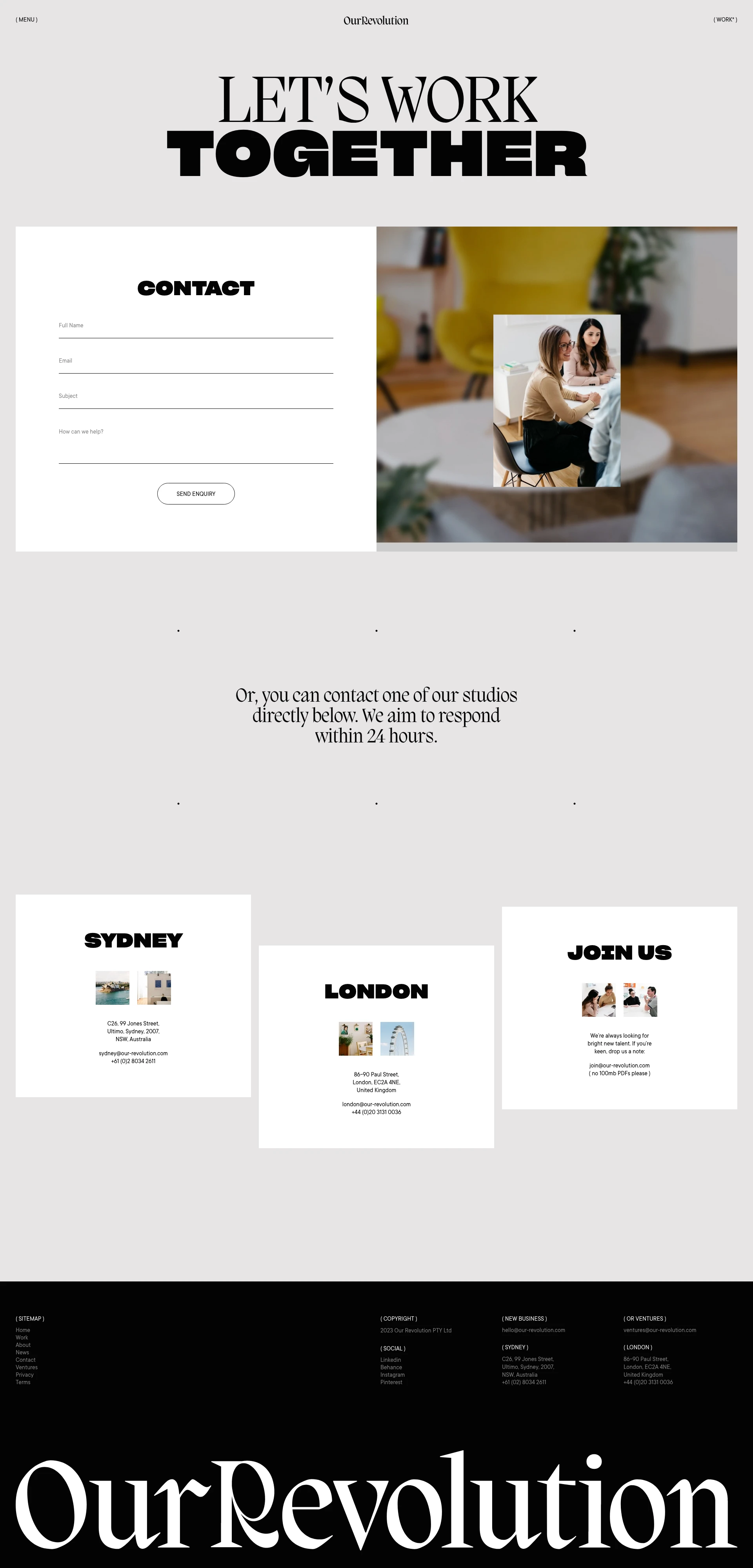 Our Revolution Landing Page Example: We are an independent creative brand design agency. We create what the future holds. Helping brands fit & thrive in culture. Based in Sydney & London.