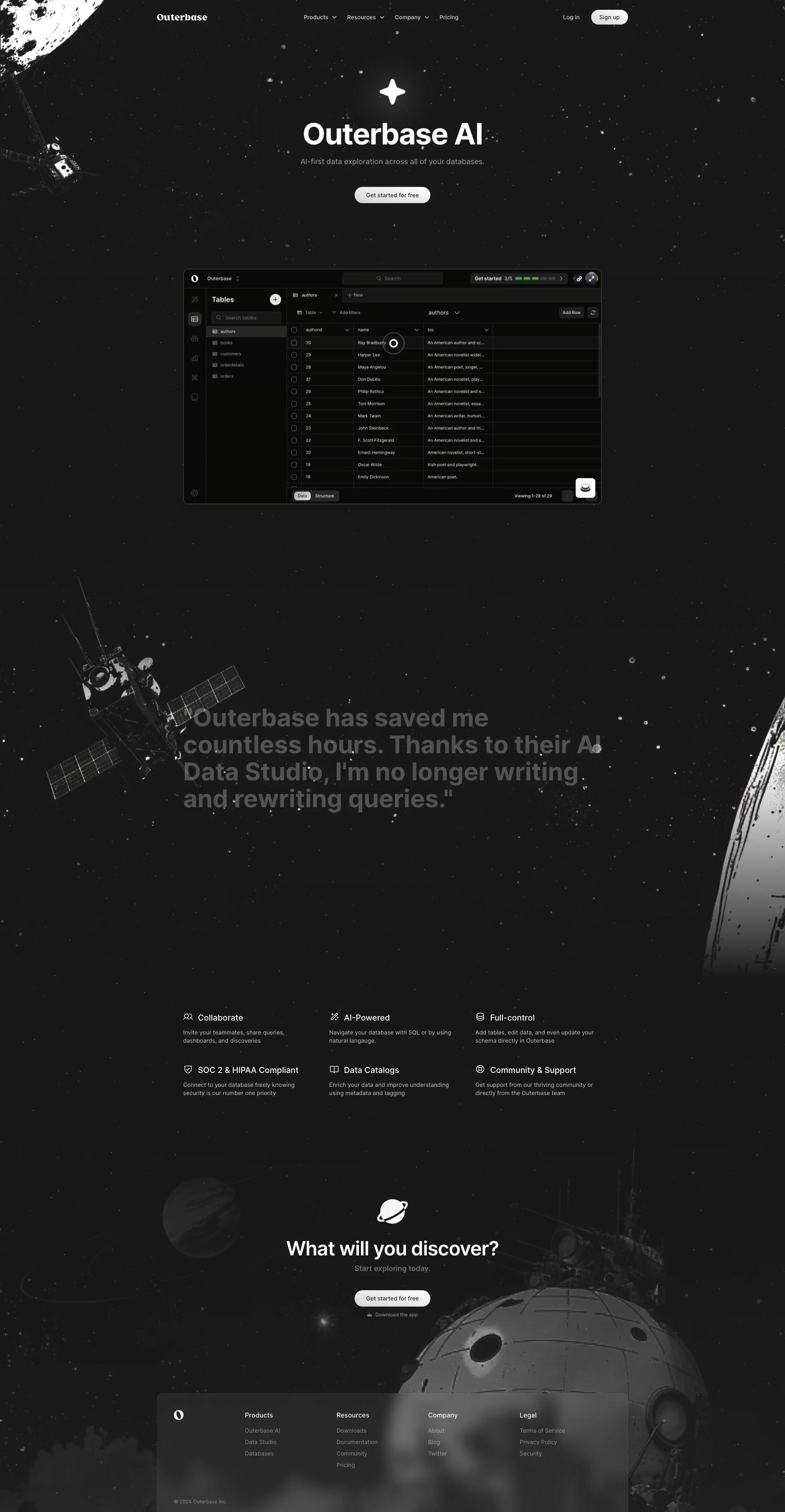 Outerbase Landing Page Example: Navigate your data with AI. Effortlessly manage and explore your database with AI, no expertise needed. Collaborate seamlessly for a smarter data experience.